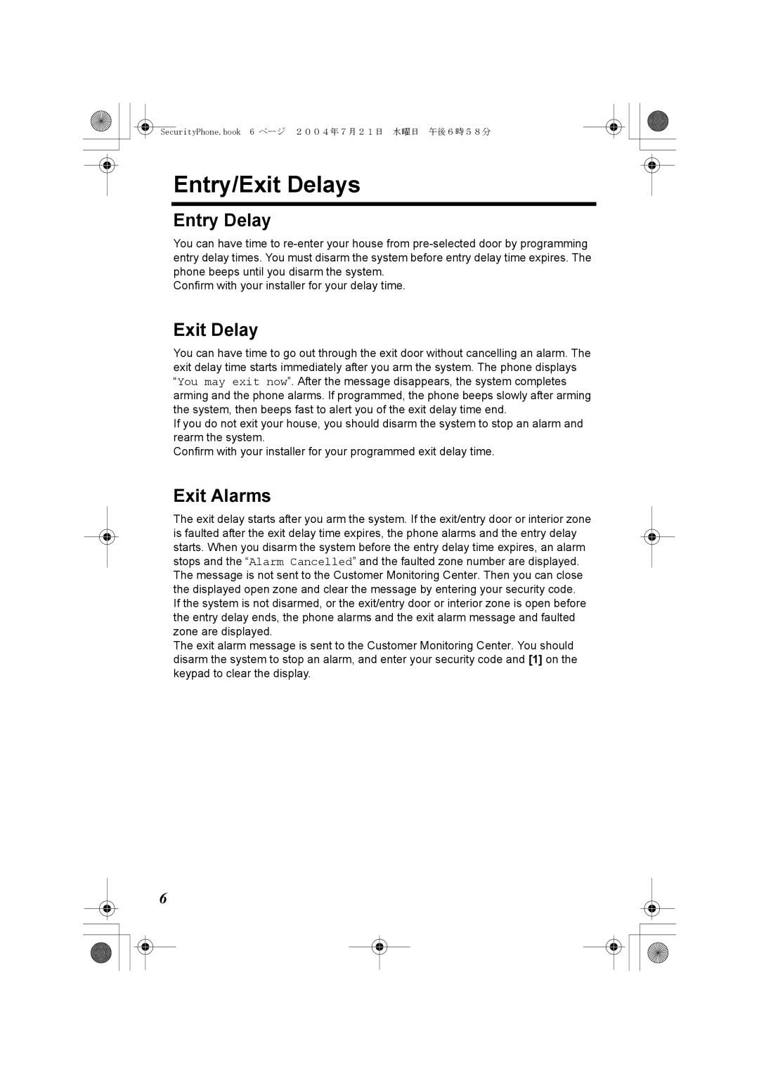 Panasonic K10059 manual Entry/Exit Delays, Entry Delay, Exit Alarms 