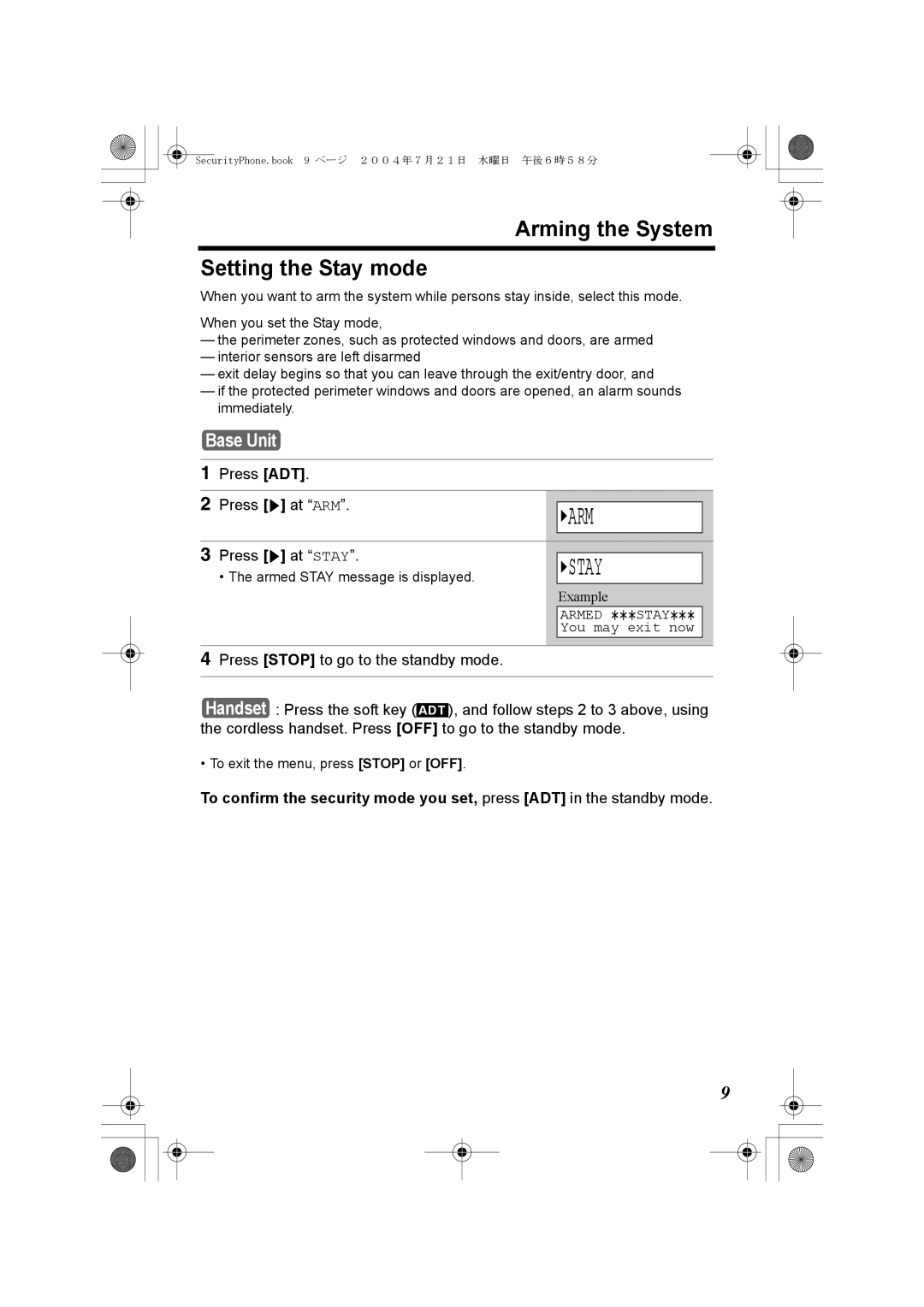 Panasonic K10059 manual Arming the System Setting the Stay mode, Press g at Stay 