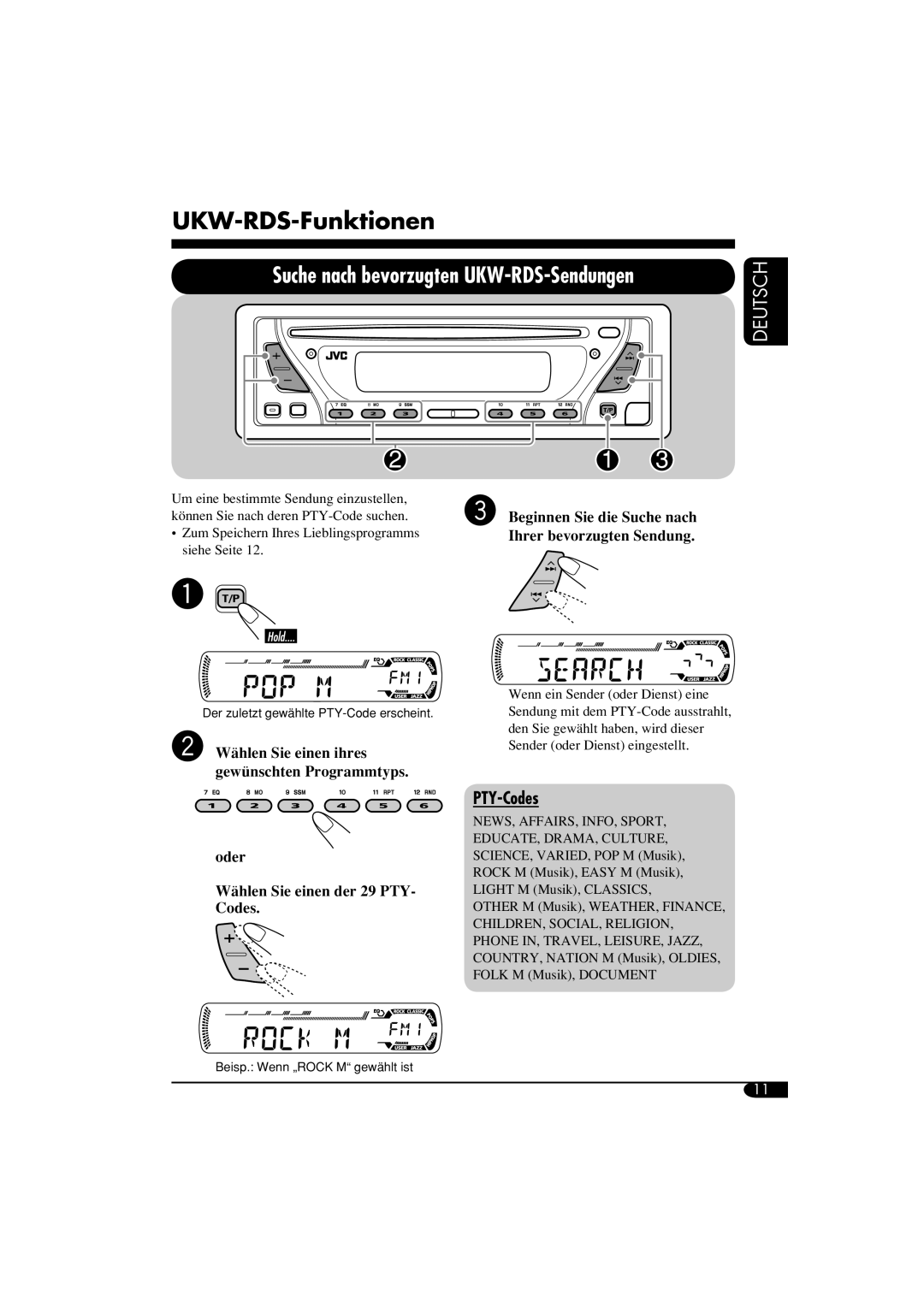 Panasonic KD-G312, KD-G311 manual UKW-RDS-Funktionen, PTY-Codes 