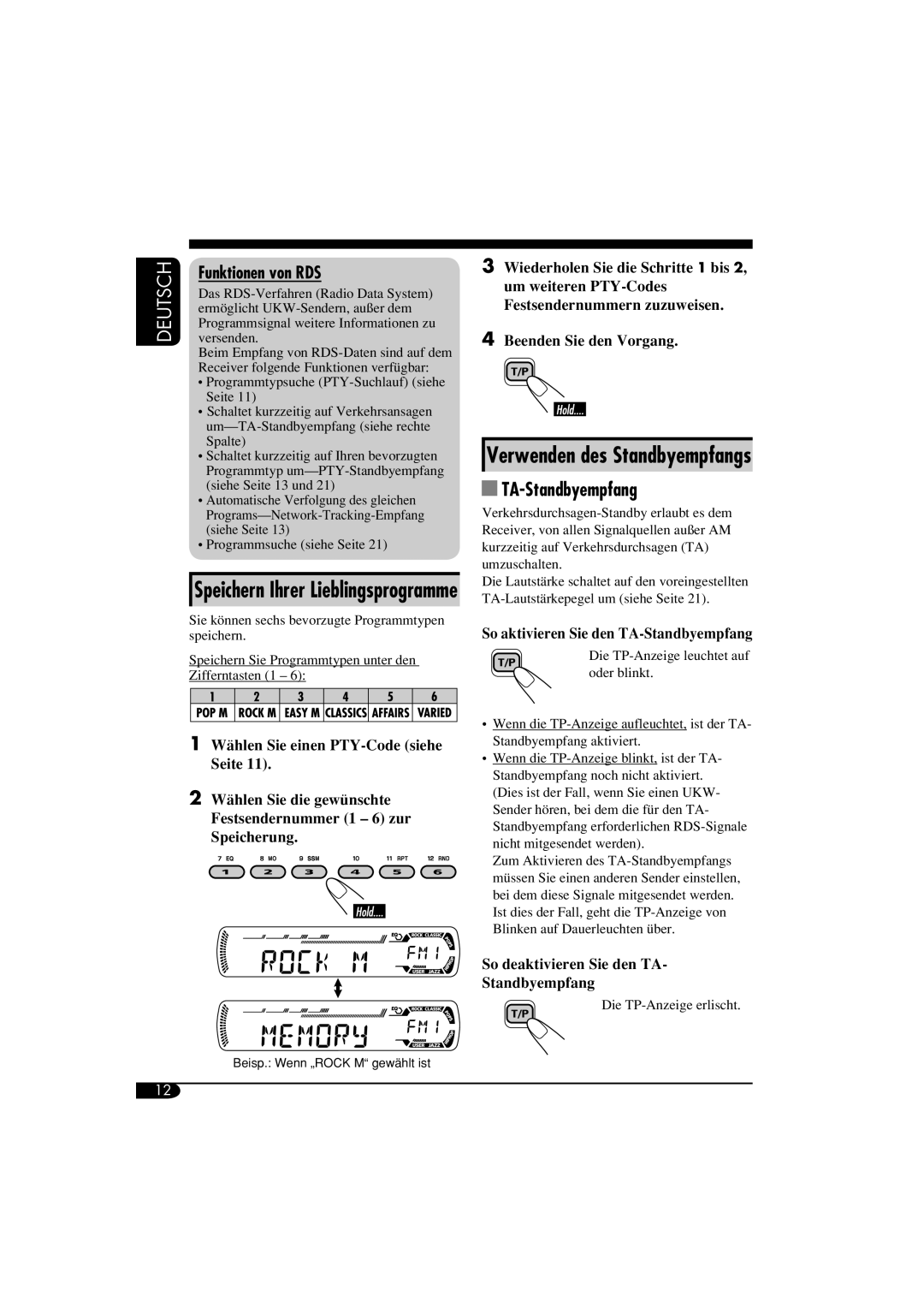 Panasonic KD-G311, KD-G312 manual Verwenden des Standbyempfangs, TA-Standbyempfang, Funktionen von RDS 