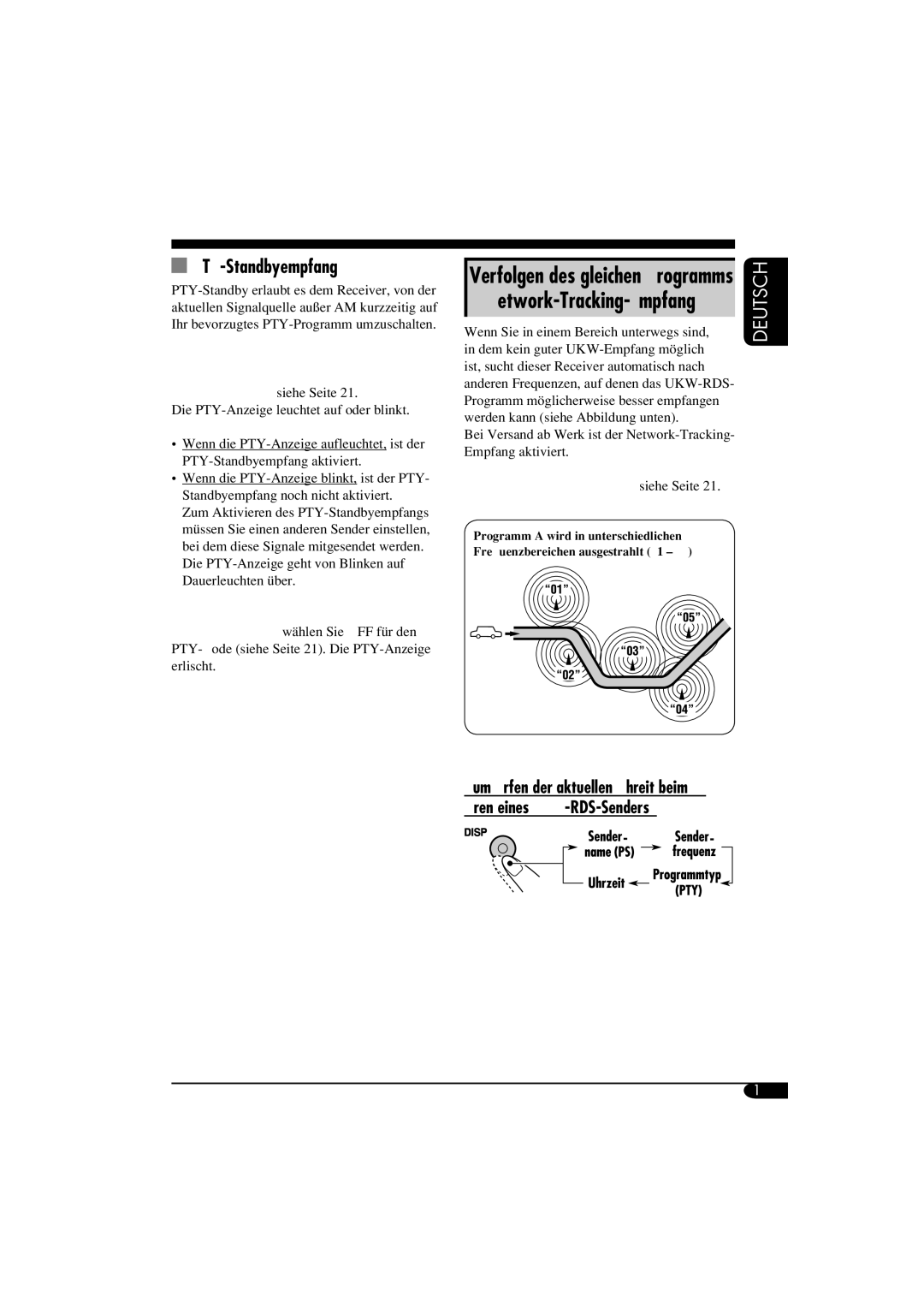 Panasonic KD-G312 PTY-Standbyempfang, Verfolgen des gleichen Programms, Network-Tracking-Empfang, Zum Deaktivieren des PTY 