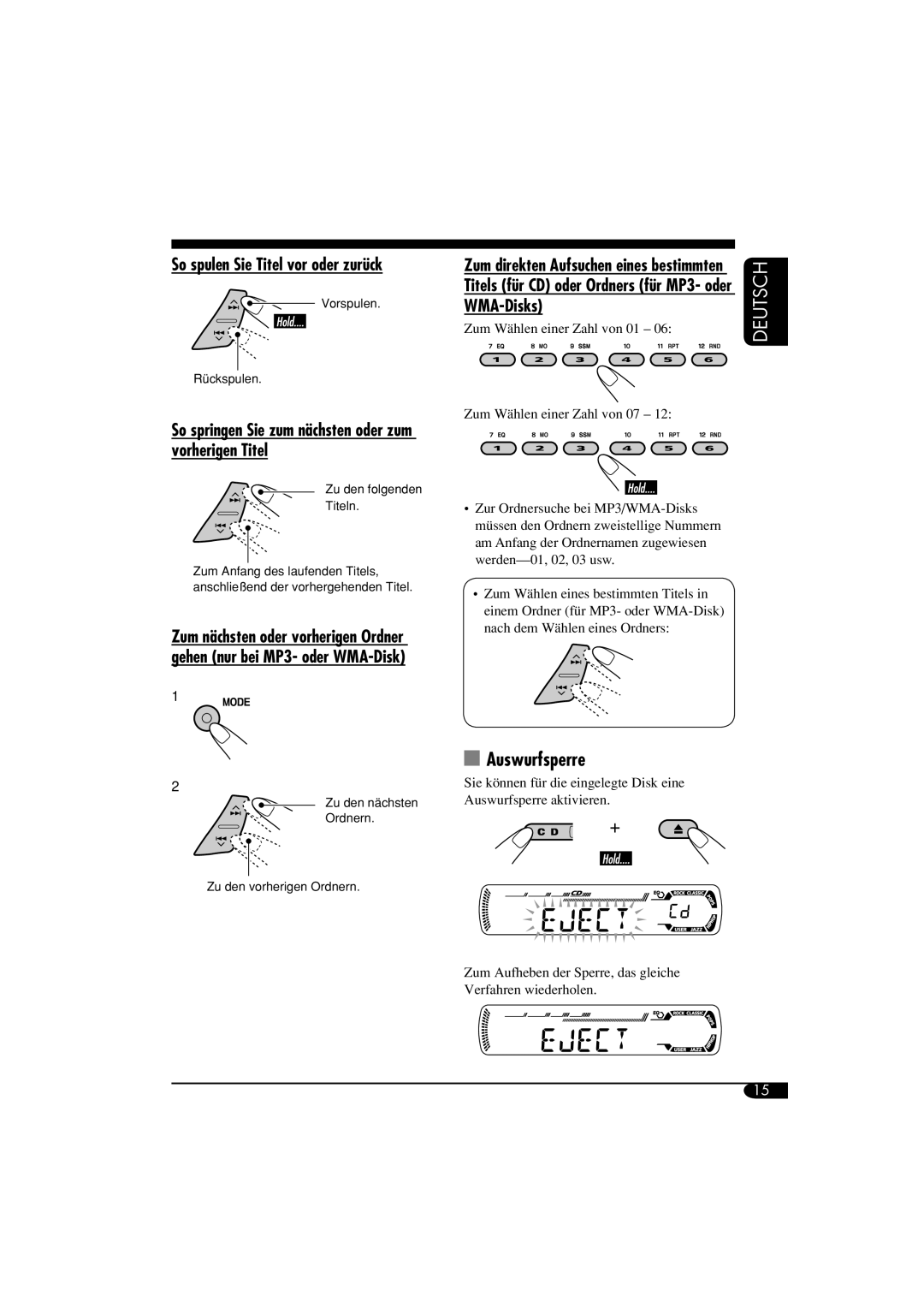 Panasonic KD-G312, KD-G311 manual Auswurfsperre, So spulen Sie Titel vor oder zurück, WMA-Disks 