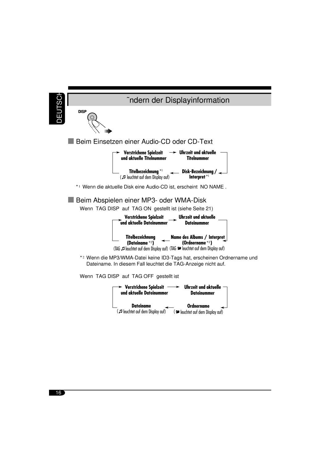 Panasonic KD-G311, KD-G312 manual Ändern der Displayinformation, Beim Einsetzen einer Audio-CD oder CD-Text 