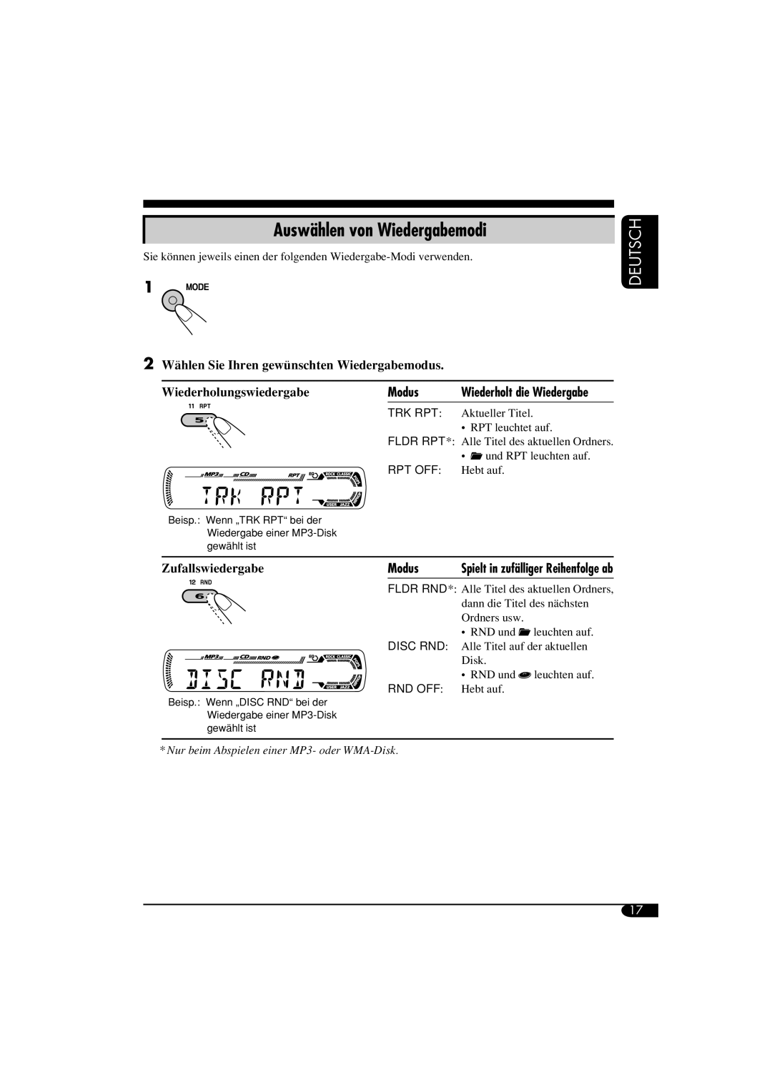 Panasonic KD-G312, KD-G311 manual Auswählen von Wiedergabemodi, Modus, Wiederholt die Wiedergabe 