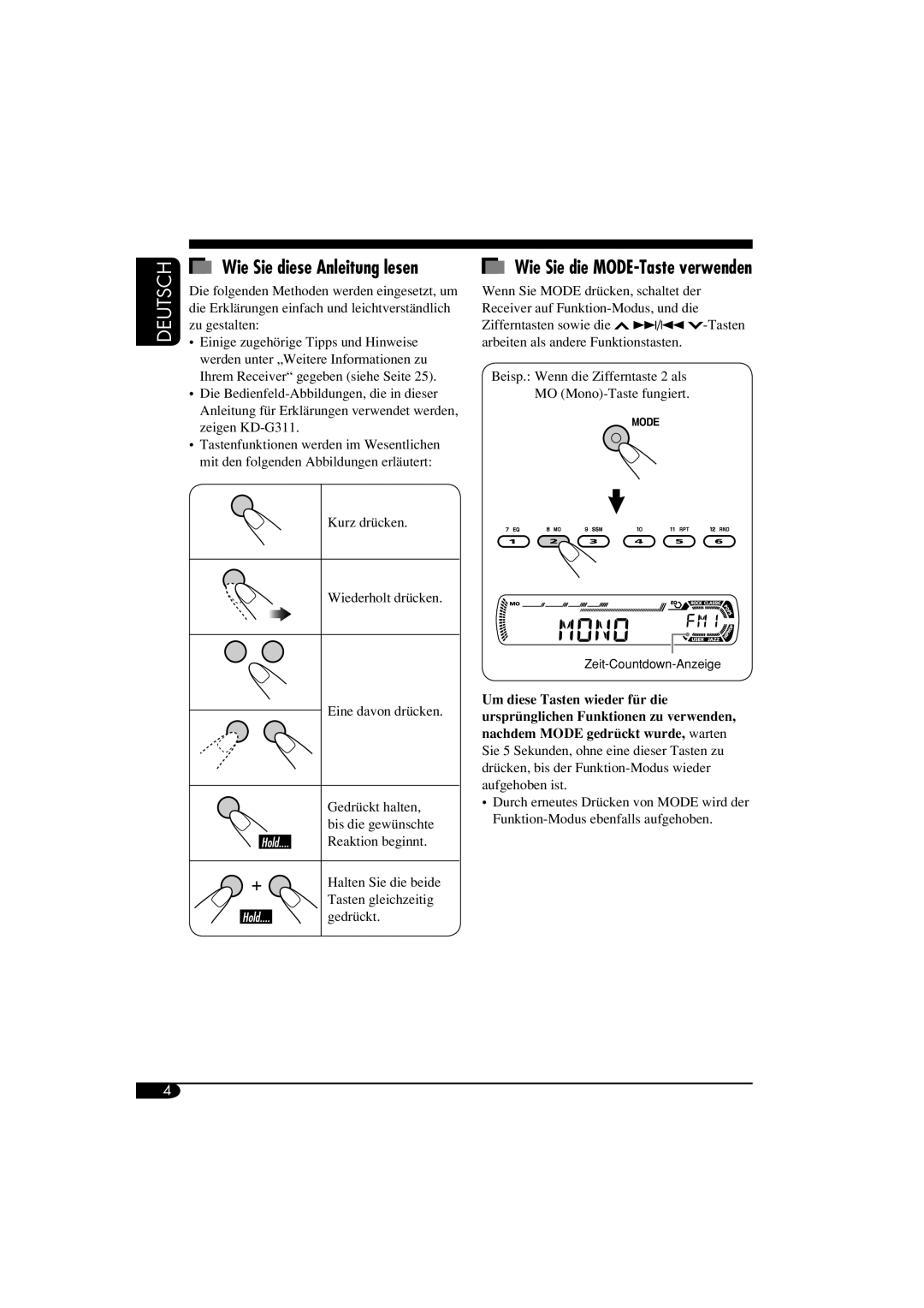 Panasonic KD-G311, KD-G312 manual Wie Sie diese Anleitung lesen, Wie Sie die MODE-Taste verwenden 