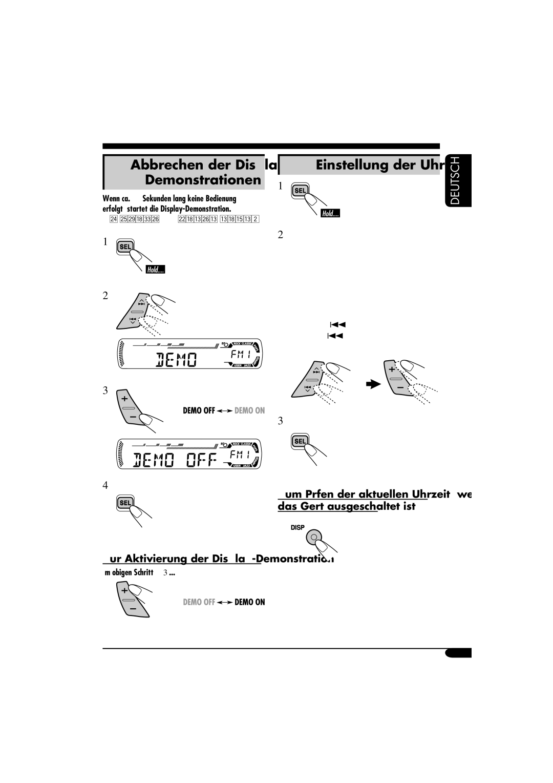 Panasonic KD-G312, KD-G311 manual Demonstrationen, Einstellung der Uhr, Zur Aktivierung der Display-Demonstration 