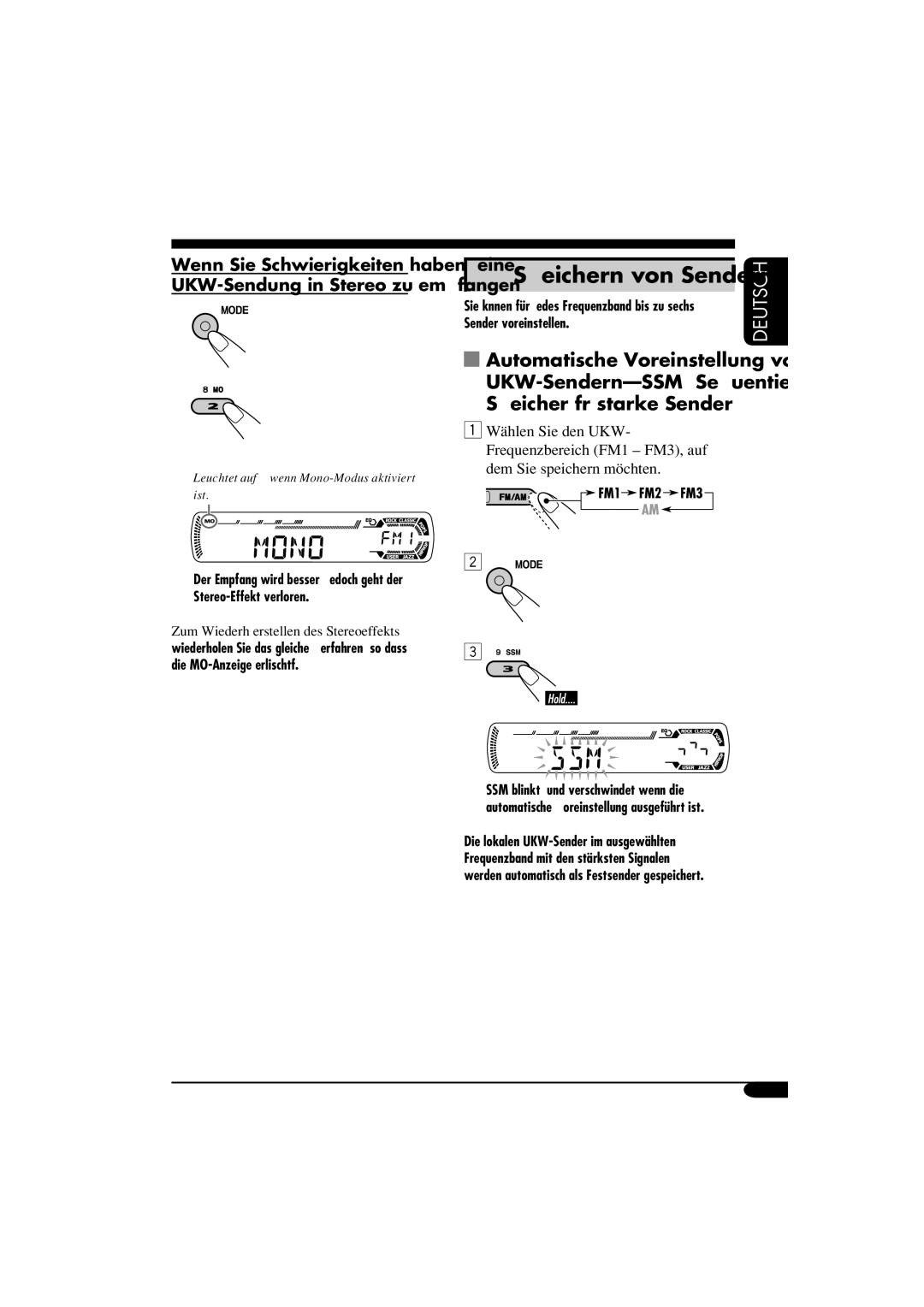 Panasonic KD-G312, KD-G311 manual Speichern von Sendern, Zum Wiederh erstellen des Stereoeffekts 