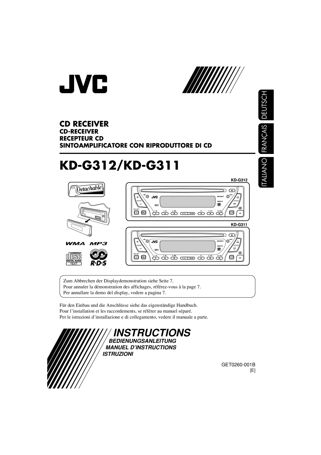Panasonic manual Cd Receiver, Italiano Français Deutsch, Cd-Receiver Recepteur Cd, KD-G312/KD-G311, Instructions 