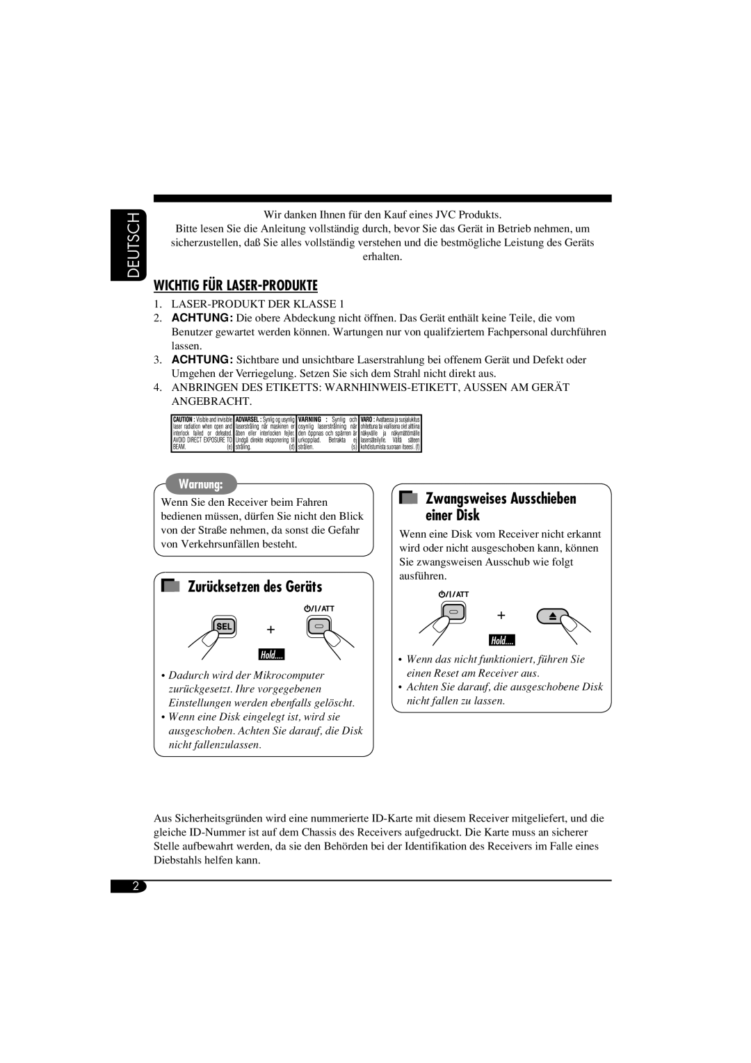 Panasonic KD-G311, KD-G312 manual Deutsch, Zurücksetzen des Geräts, Wichtig Für Laser-Produkte, Warnung 