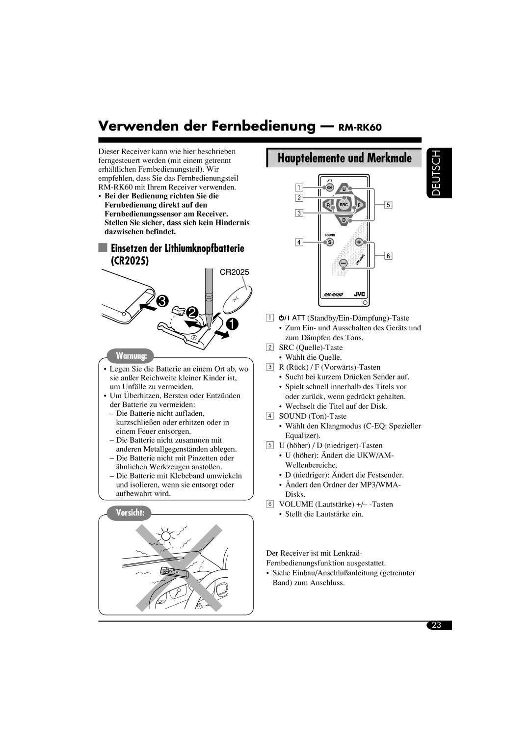 Panasonic KD-G312, KD-G311 Verwenden der Fernbedienung - RM-RK60, Hauptelemente und Merkmale, Vorsicht, Deutsch, Warnung 