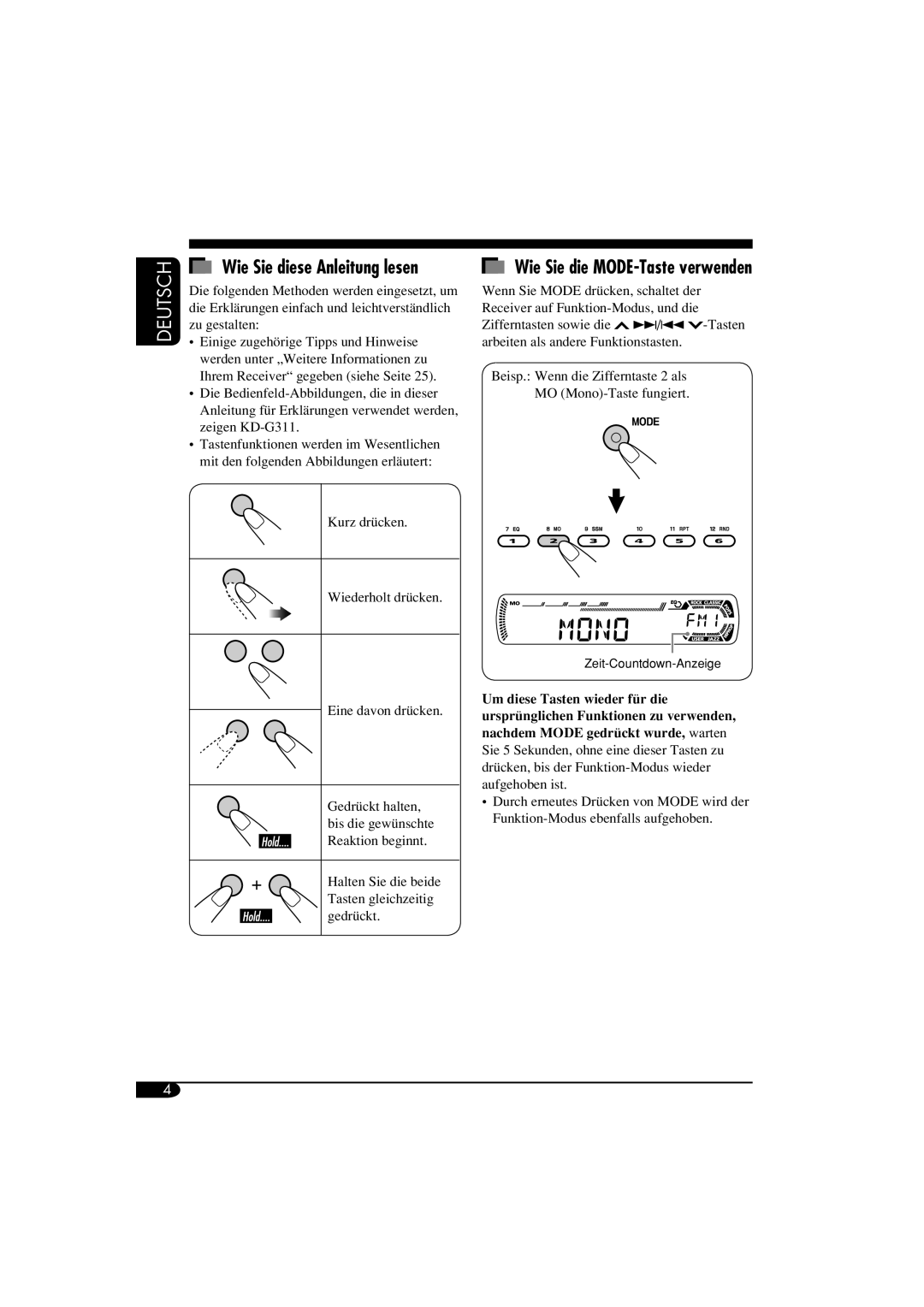 Panasonic KD-G311, KD-G312 manual Wie Sie diese Anleitung lesen, Wie Sie die MODE-Tasteverwenden, Deutsch 