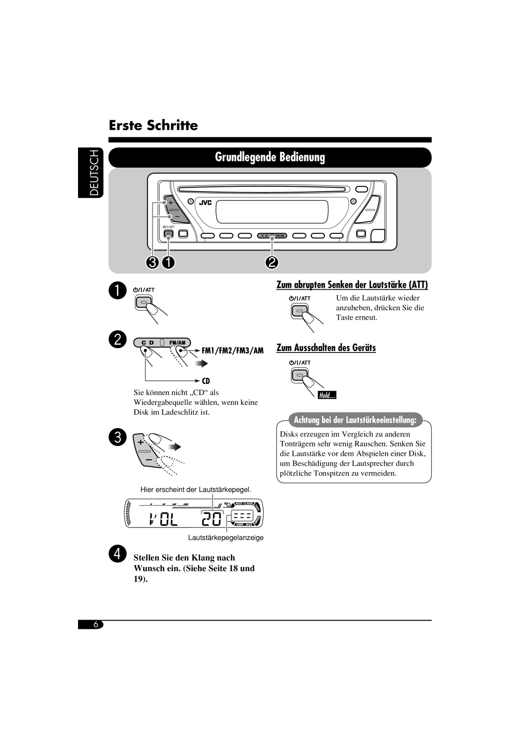 Panasonic KD-G311, KD-G312 manual Erste Schritte, Grundlegende Bedienung, Zum Ausschalten des Geräts, Deutsch 