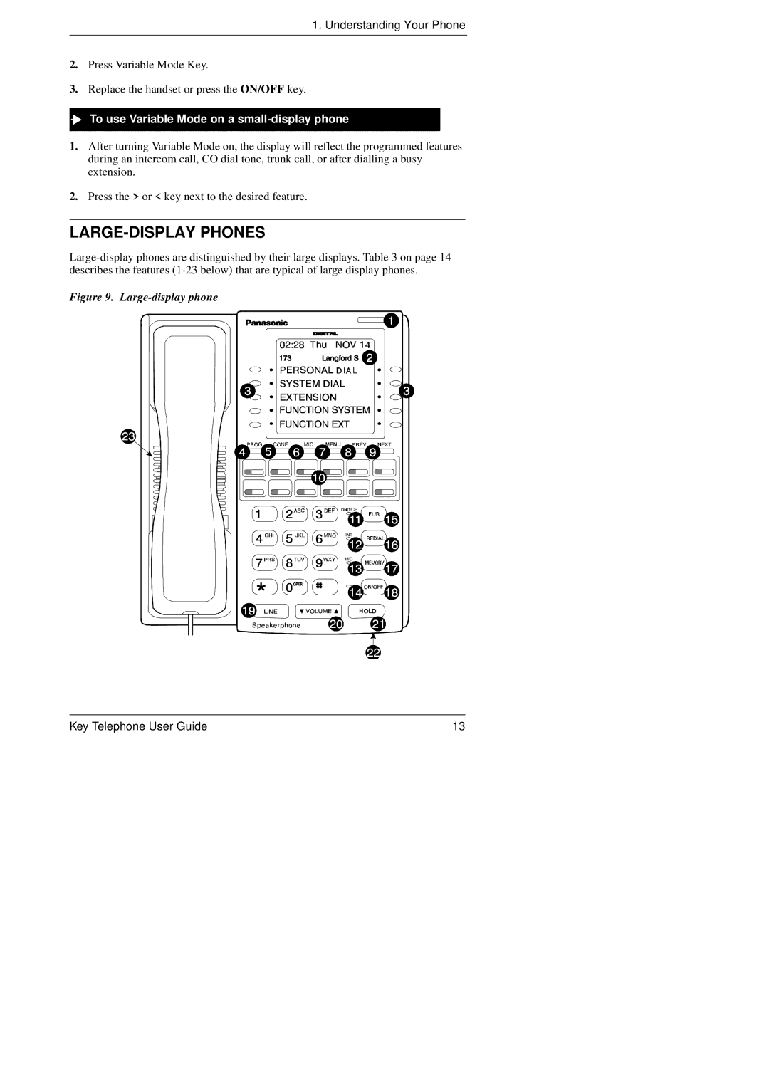 Panasonic KEY TELEPHONE manual LARGE-DISPLAY Phones, To use Variable Mode on a small-display phone 