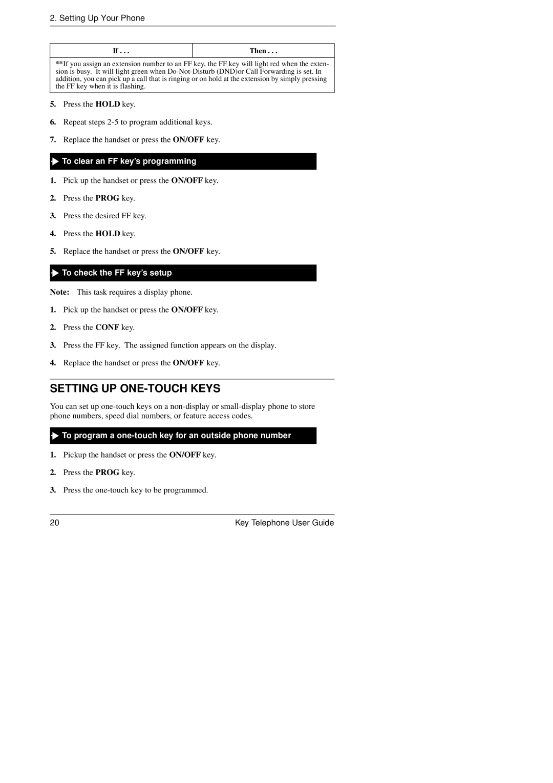 Panasonic KEY TELEPHONE manual Setting UP ONE-TOUCH Keys, To clear an FF key’s programming, To check the FF key’s setup 