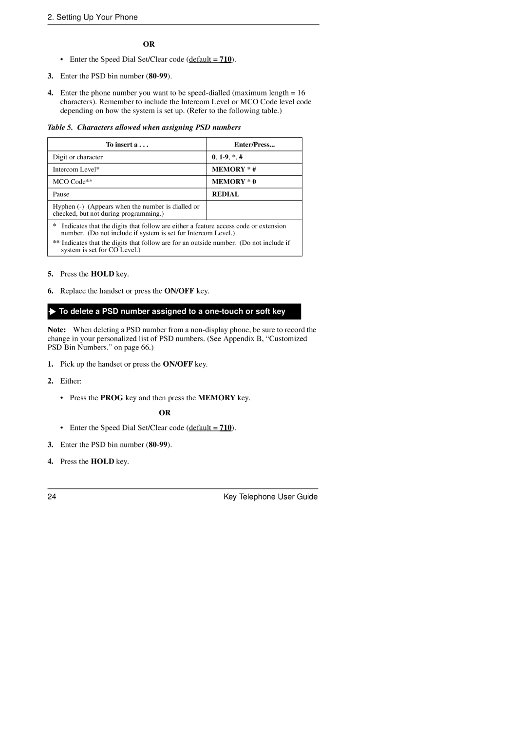 Panasonic KEY TELEPHONE manual To delete a PSD number assigned to a one-touch or soft key, MCO Code, Pause 