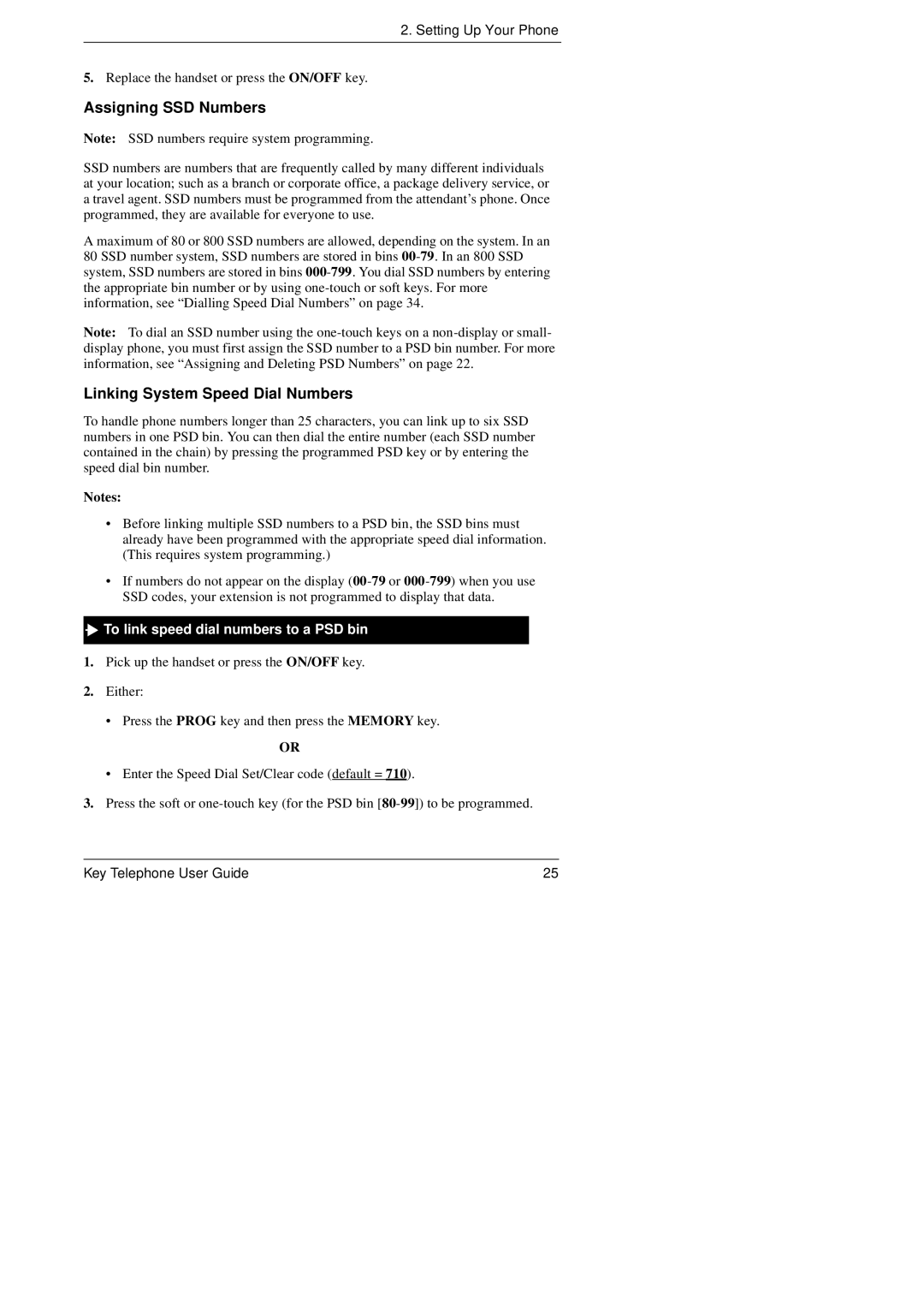 Panasonic KEY TELEPHONE Assigning SSD Numbers, Linking System Speed Dial Numbers, To link speed dial numbers to a PSD bin 