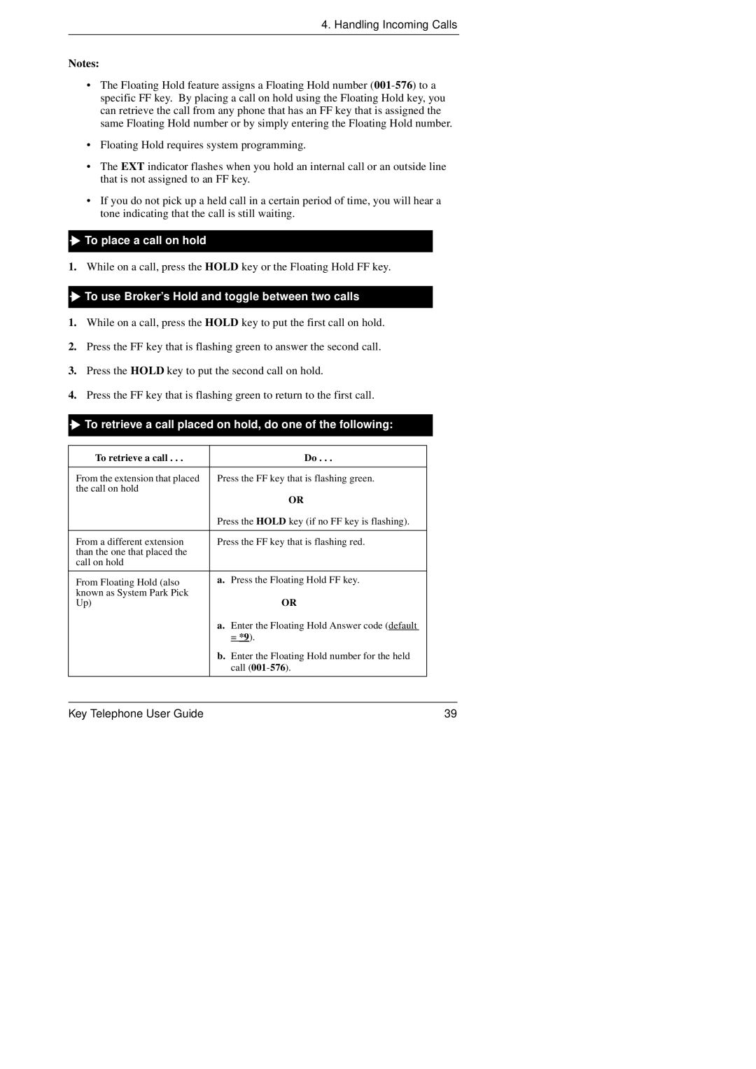 Panasonic KEY TELEPHONE To place a call on hold, To use Broker’s Hold and toggle between two calls, To retrieve a call 