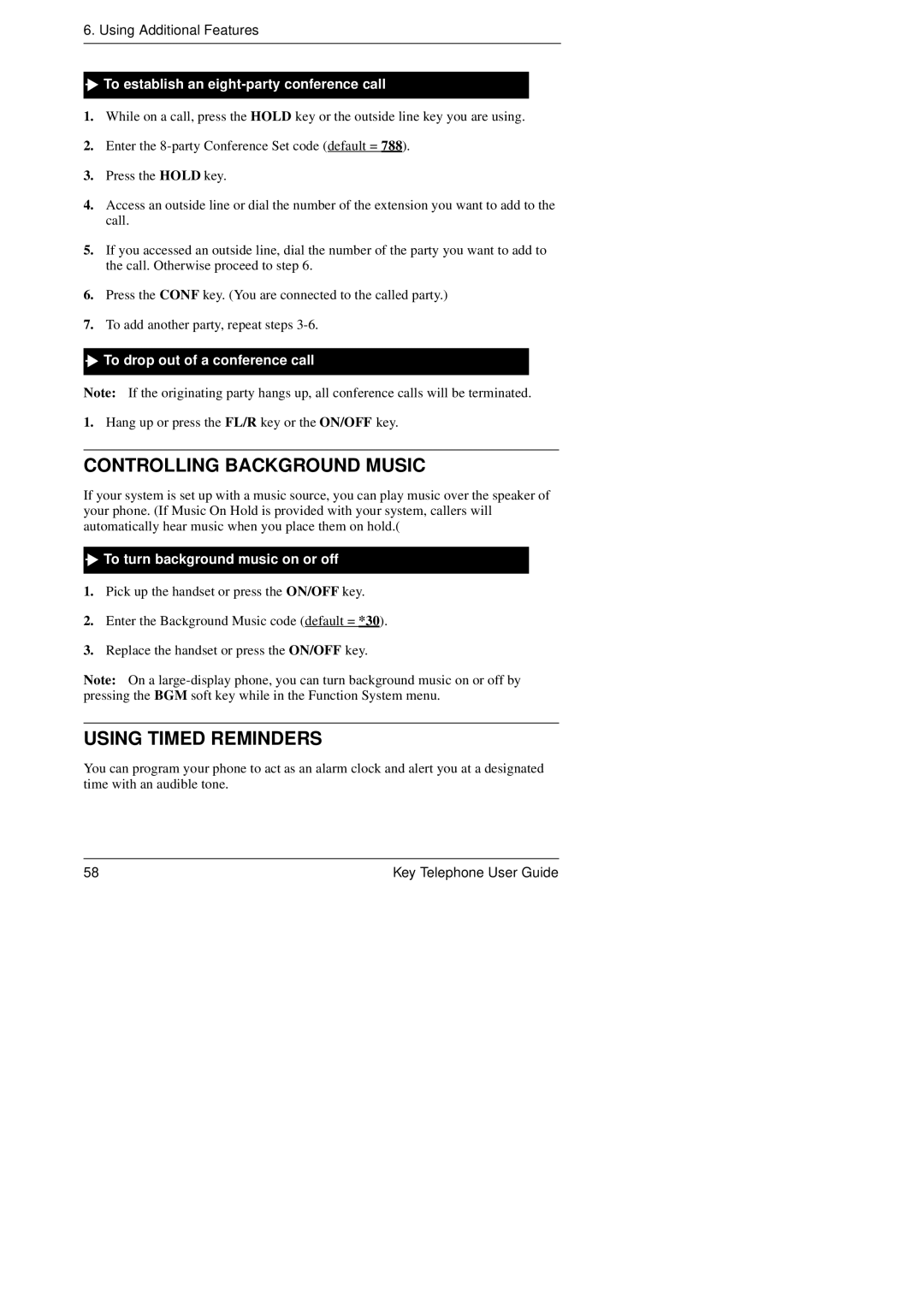 Panasonic KEY TELEPHONE Controlling Background Music, Using Timed Reminders, To establish an eight-party conference call 