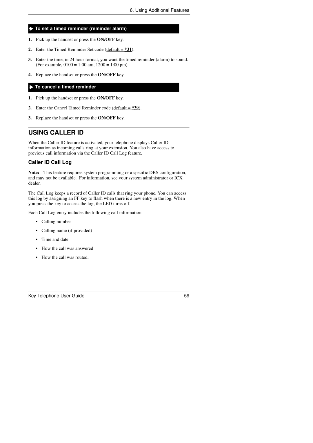 Panasonic KEY TELEPHONE manual Using Caller ID, Caller ID Call Log, To set a timed reminder reminder alarm 