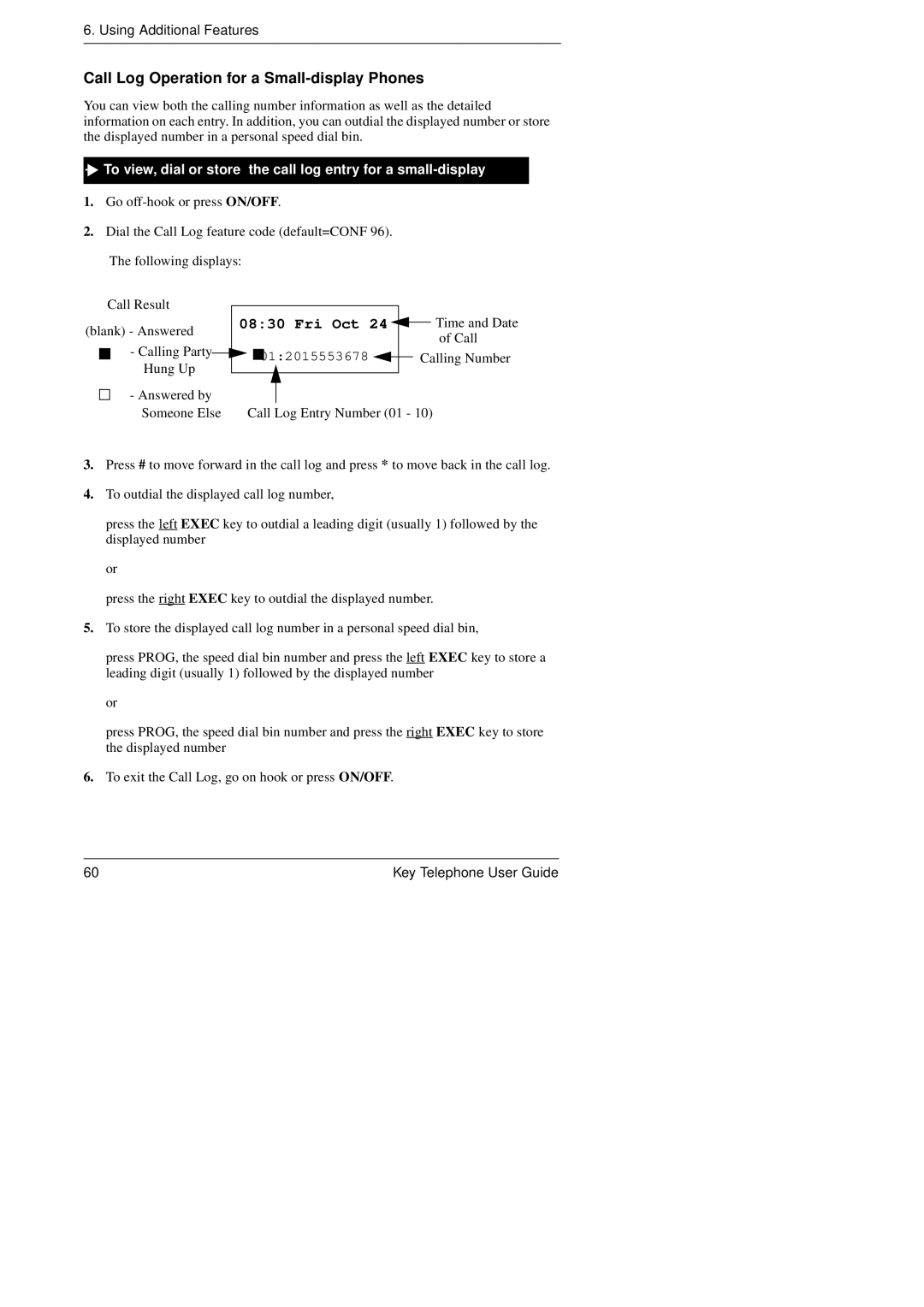 Panasonic KEY TELEPHONE manual Call Log Operation for a Small-display Phones, Fri Oct 