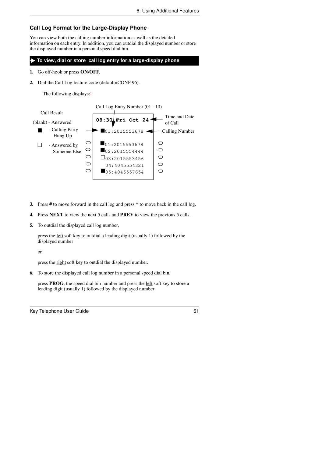 Panasonic KEY TELEPHONE manual Call Log Format for the Large-Display Phone 