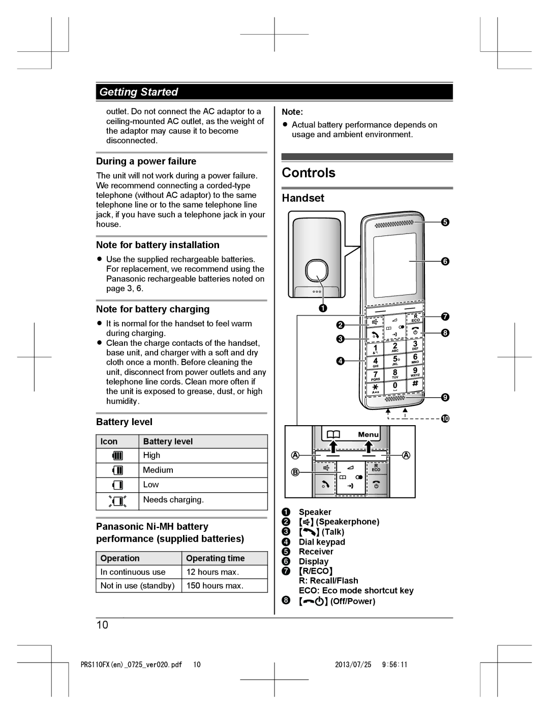 Panasonic KRS-PRS110FX operating instructions Controls, Handset, During a power failure, Battery level 