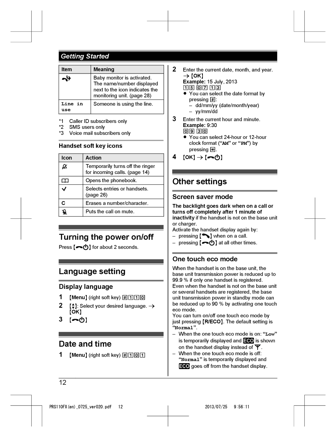 Panasonic KRS-PRS110FX operating instructions Turning the power on/off, Language setting, Date and time, Other settings 