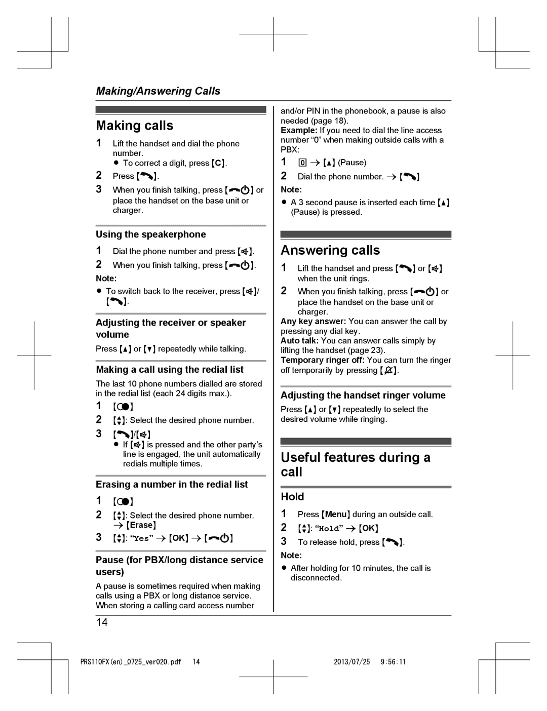 Panasonic KRS-PRS110FX operating instructions Making calls, Answering calls, Useful features during a call, Hold 