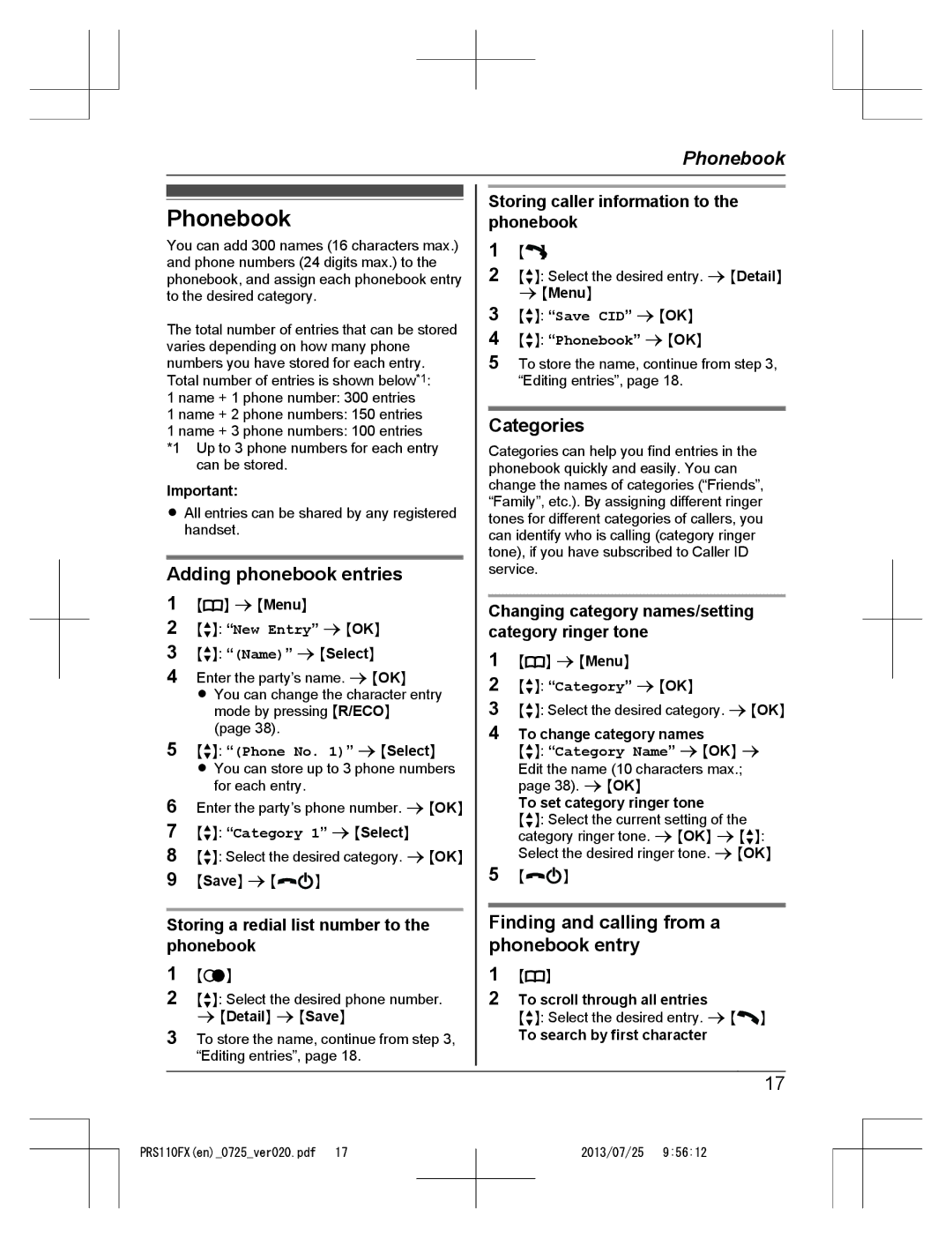 Panasonic KRS-PRS110FX Phonebook, Adding phonebook entries, Categories, Finding and calling from a phonebook entry 