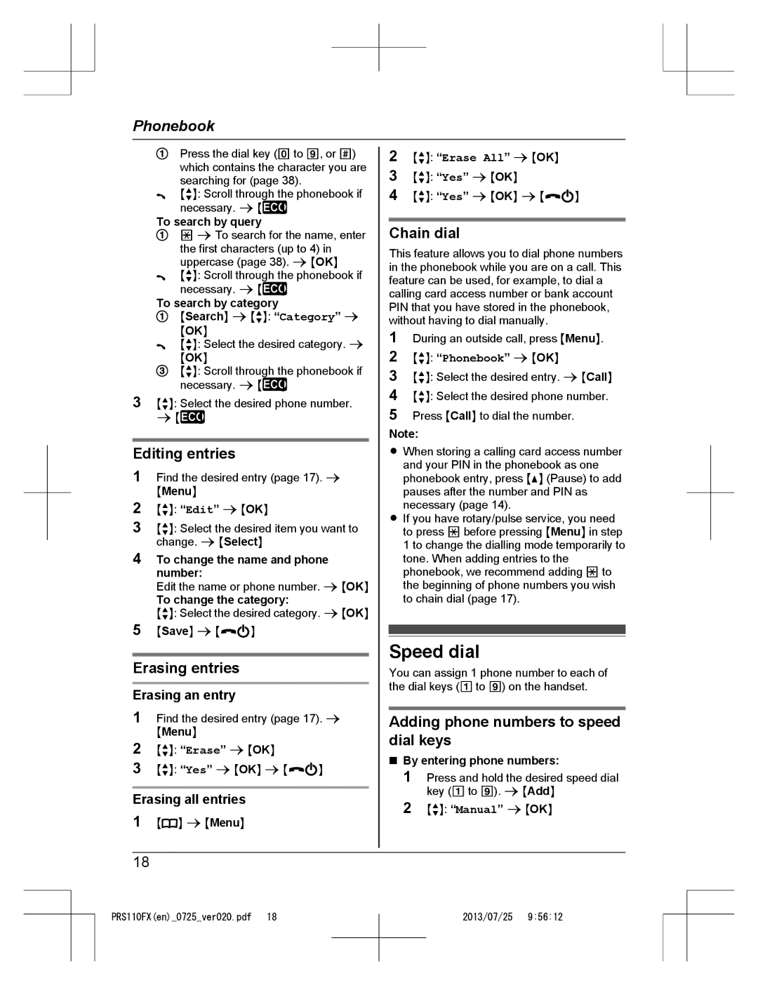 Panasonic KRS-PRS110FX Speed dial, Editing entries, Erasing entries, Chain dial, Adding phone numbers to speed dial keys 