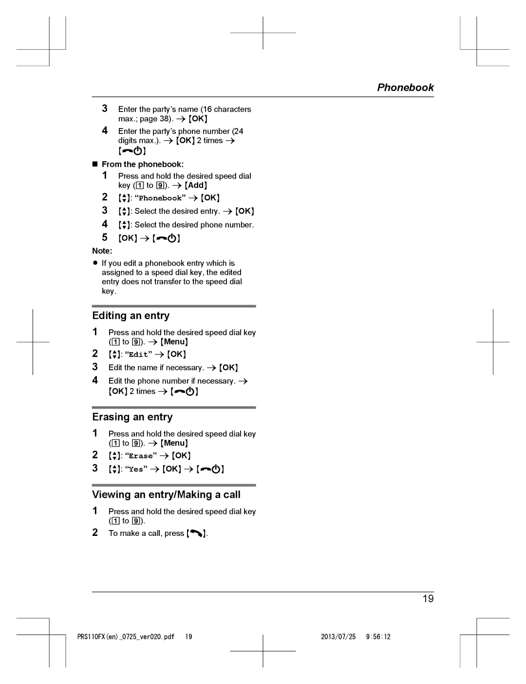 Panasonic KRS-PRS110FX Editing an entry, Erasing an entry, Viewing an entry/Making a call, From the phonebook 