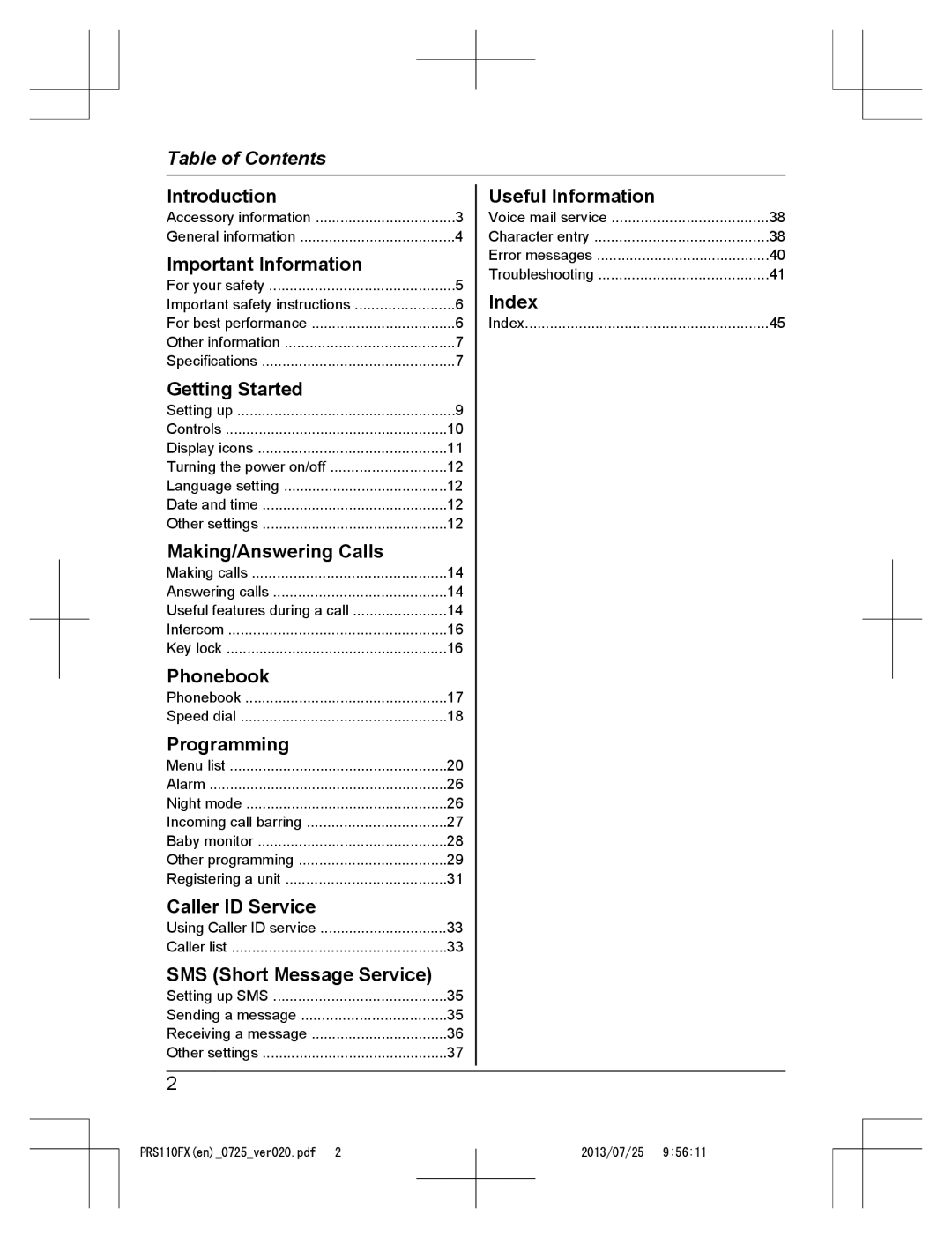 Panasonic KRS-PRS110FX operating instructions Table of Contents 