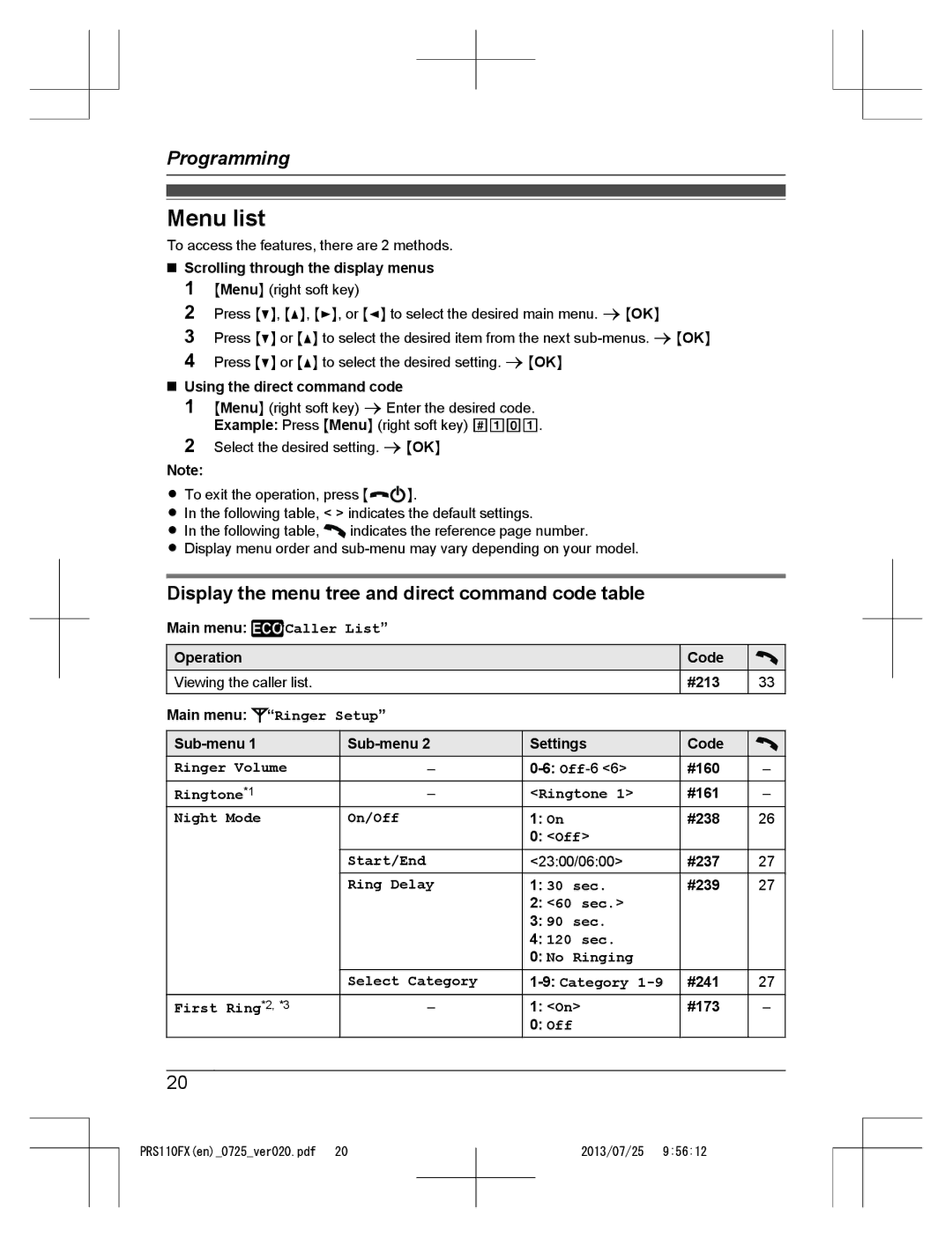 Panasonic KRS-PRS110FX operating instructions Menu list, Display the menu tree and direct command code table 