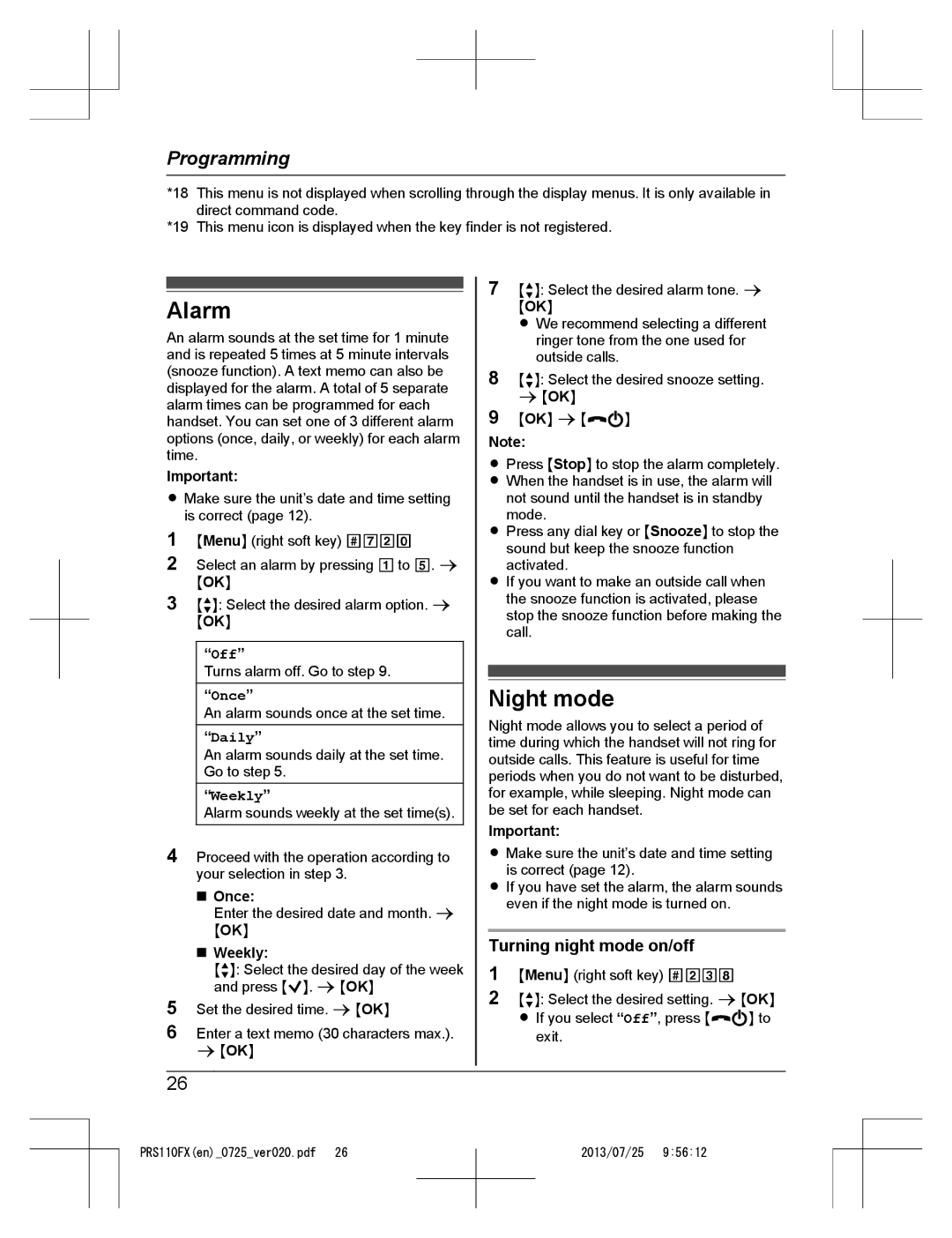 Panasonic KRS-PRS110FX operating instructions Alarm, Night mode, Turning night mode on/off 