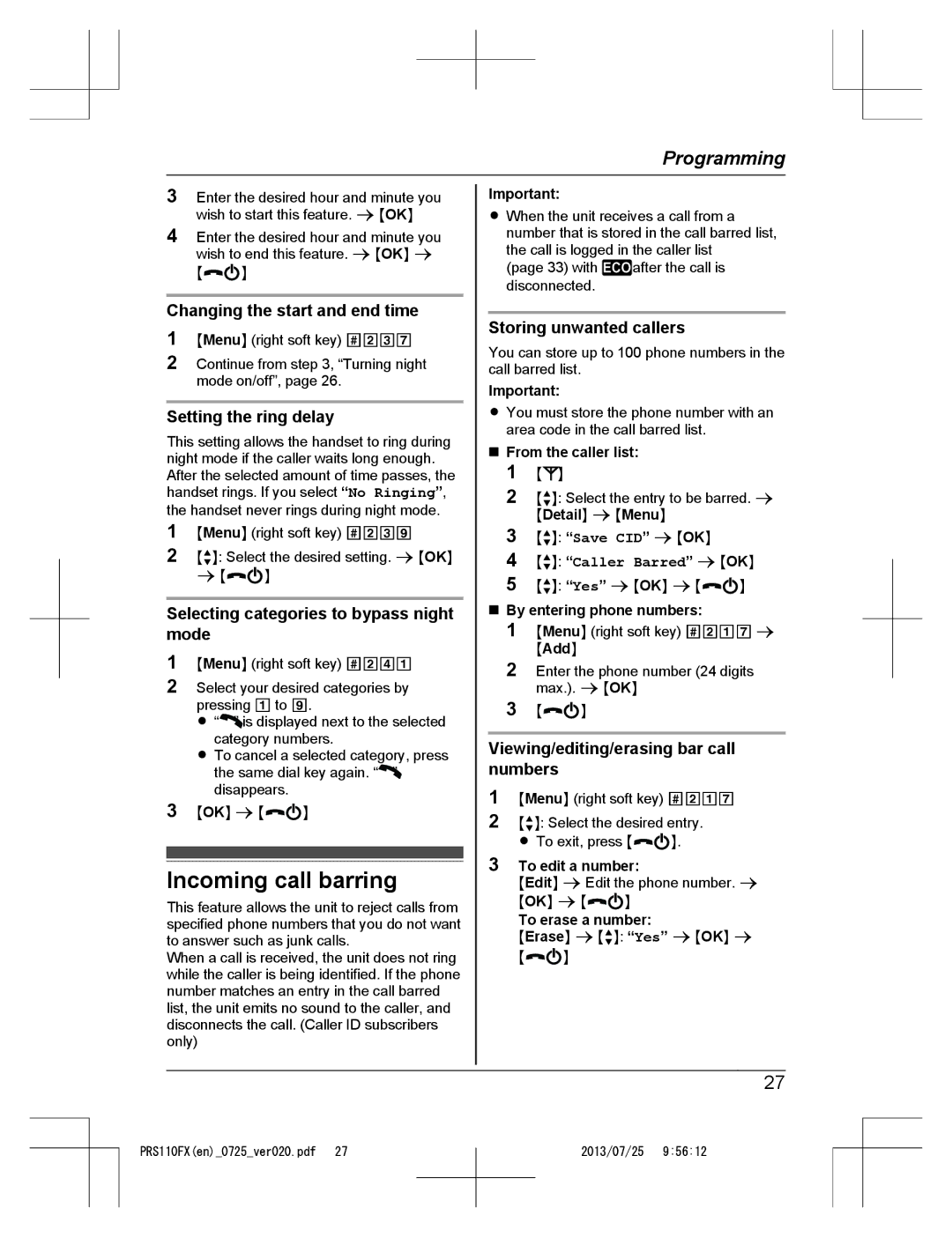 Panasonic KRS-PRS110FX operating instructions Incoming call barring 