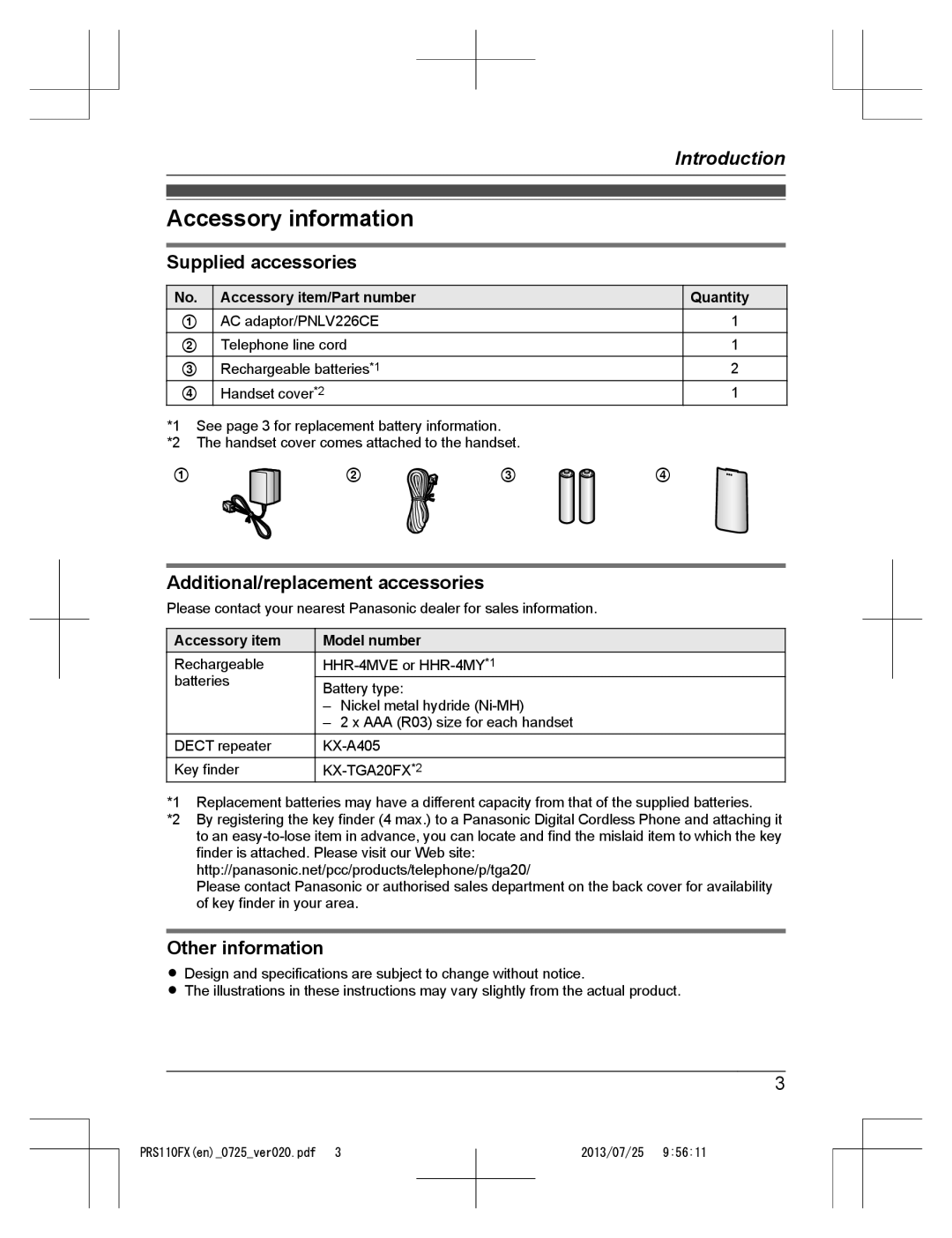 Panasonic KRS-PRS110FX Accessory information, Supplied accessories, Additional/replacement accessories, Other information 