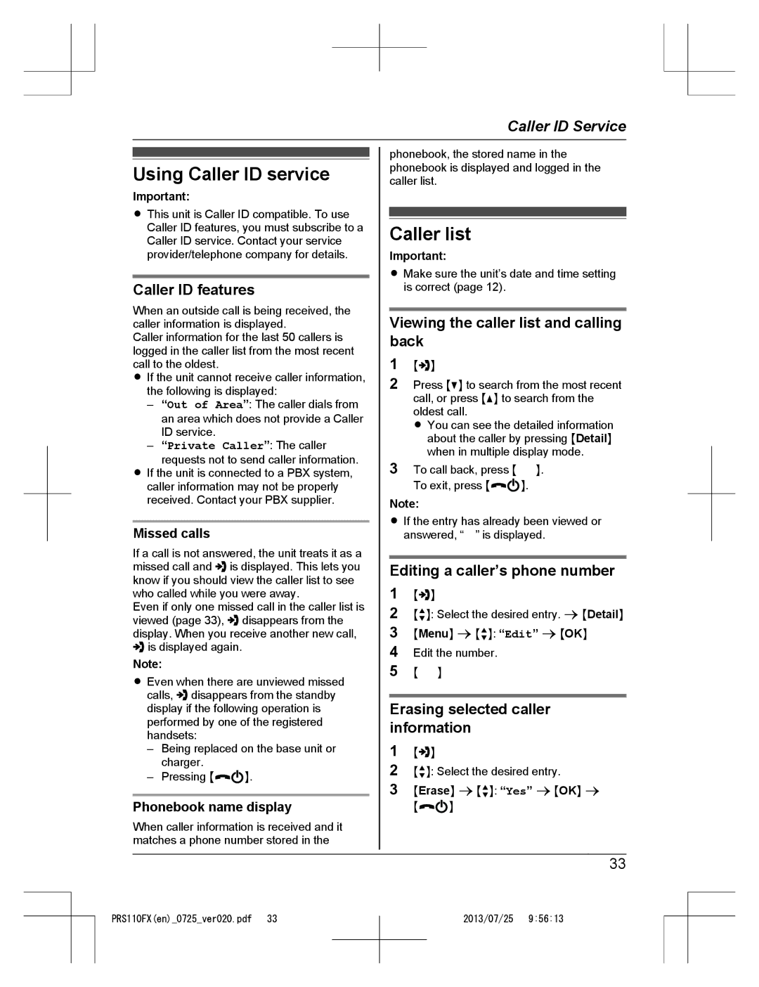 Panasonic KRS-PRS110FX operating instructions Using Caller ID service, Caller list 