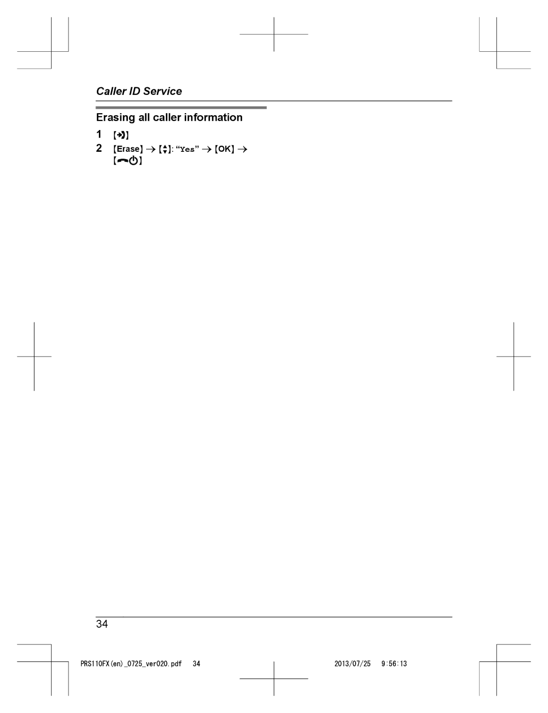 Panasonic KRS-PRS110FX operating instructions Erasing all caller information 