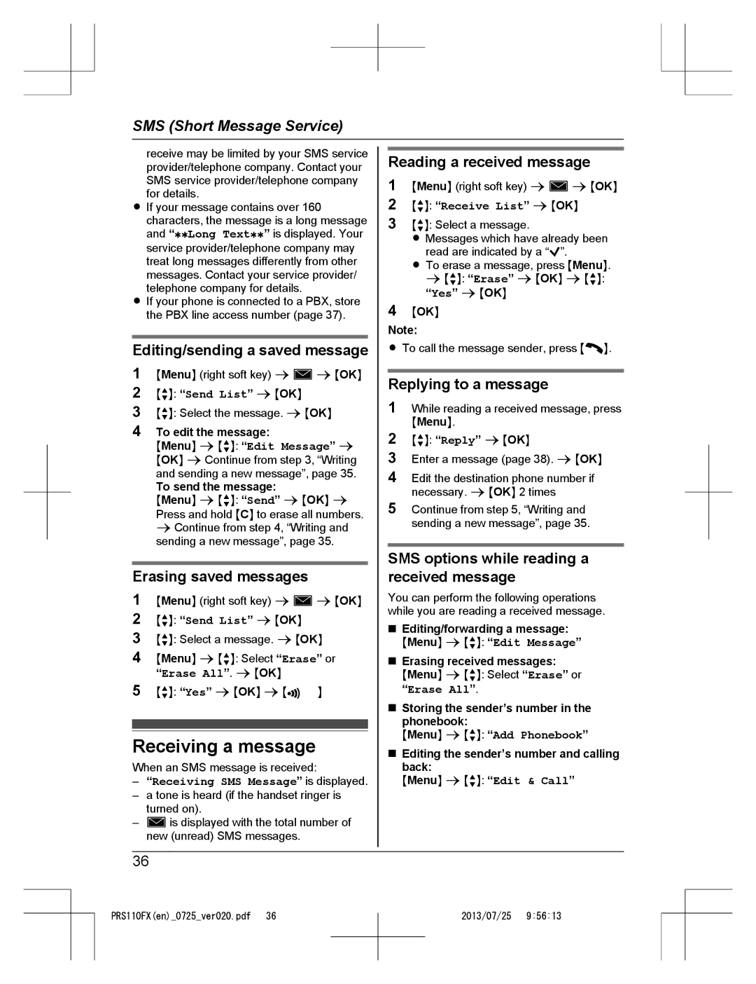 Panasonic KRS-PRS110FX operating instructions Receiving a message 