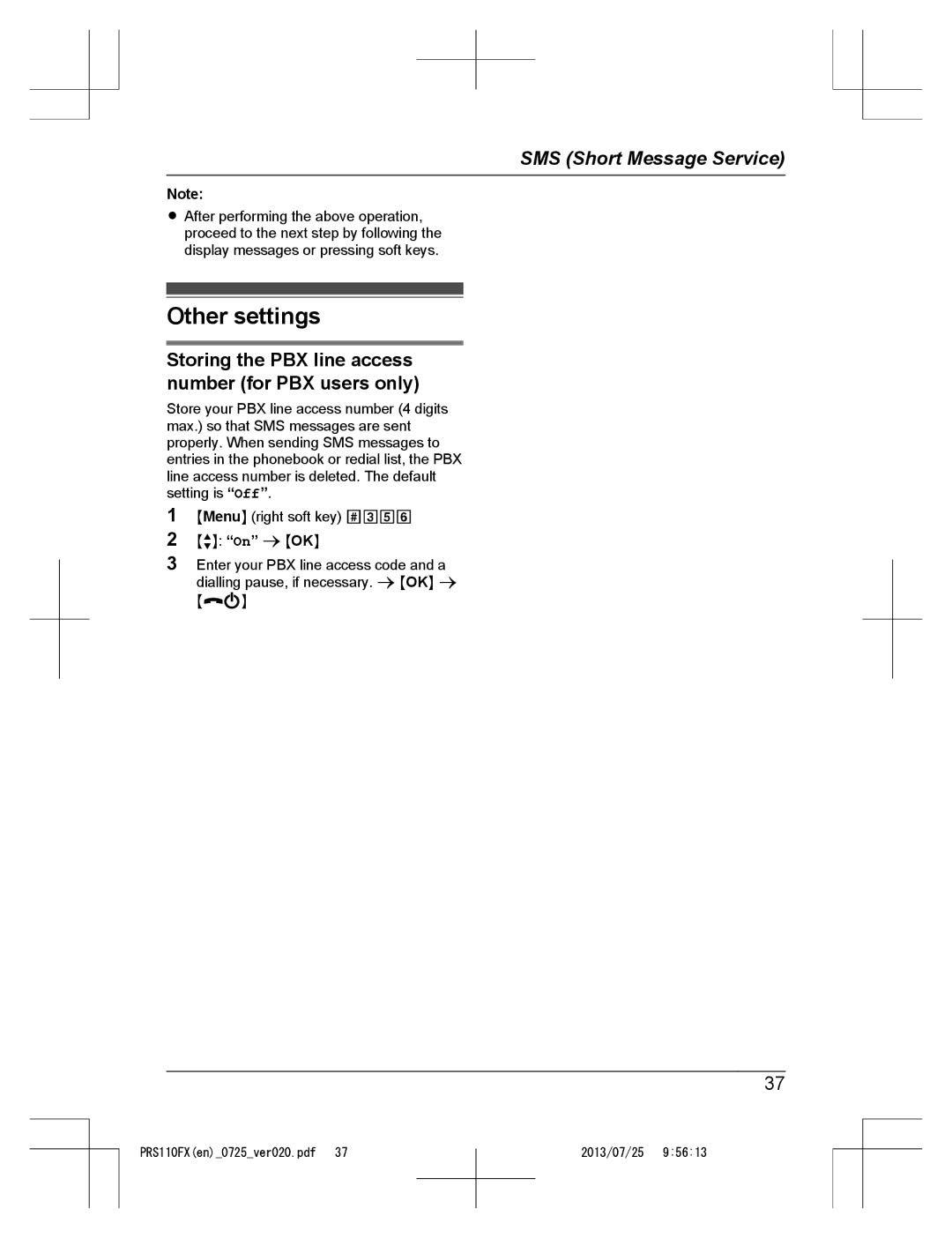 Panasonic KRS-PRS110FX operating instructions Other settings, Storing the PBX line access number for PBX users only 