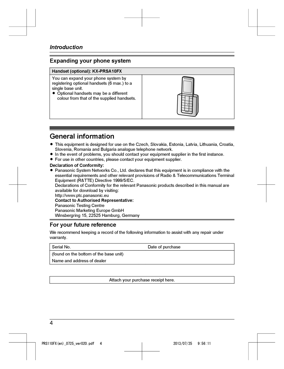 Panasonic KRS-PRS110FX operating instructions General information, Expanding your phone system, For your future reference 