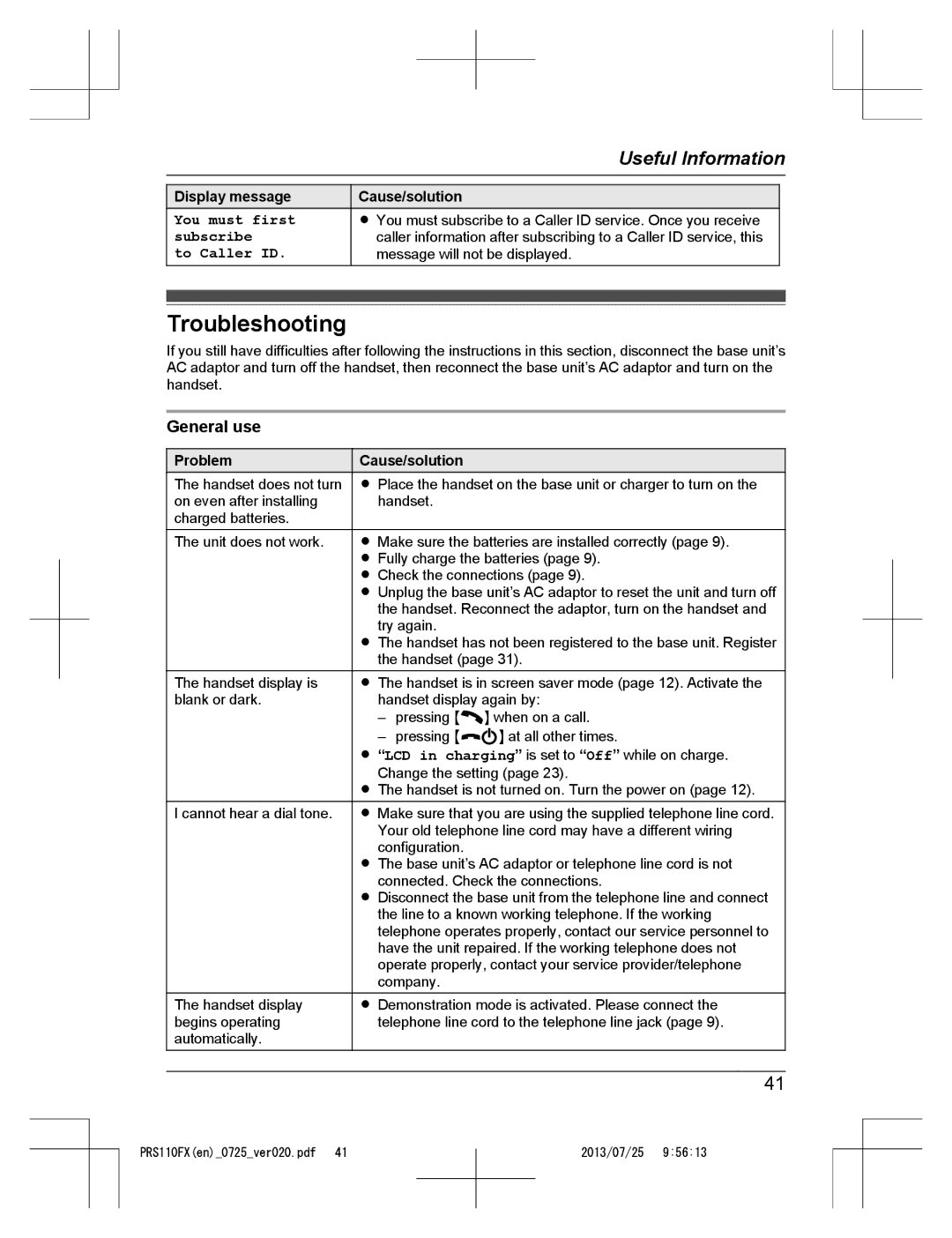 Panasonic KRS-PRS110FX operating instructions Troubleshooting, General use, You must first subscribe To Caller ID, Problem 