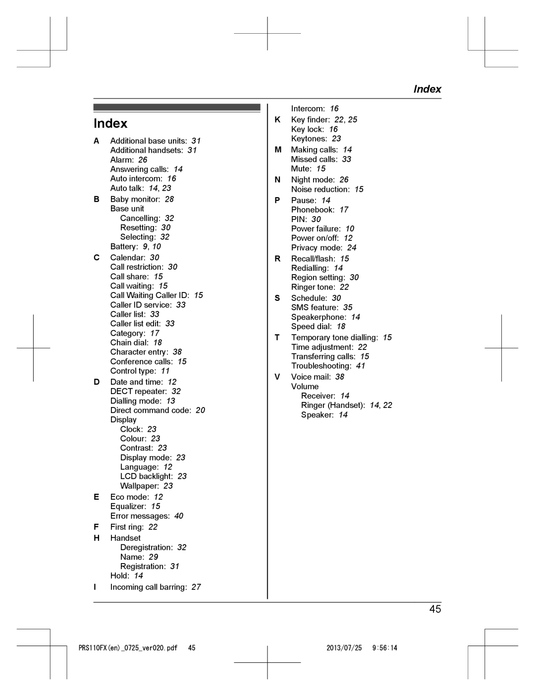 Panasonic KRS-PRS110FX operating instructions Index 