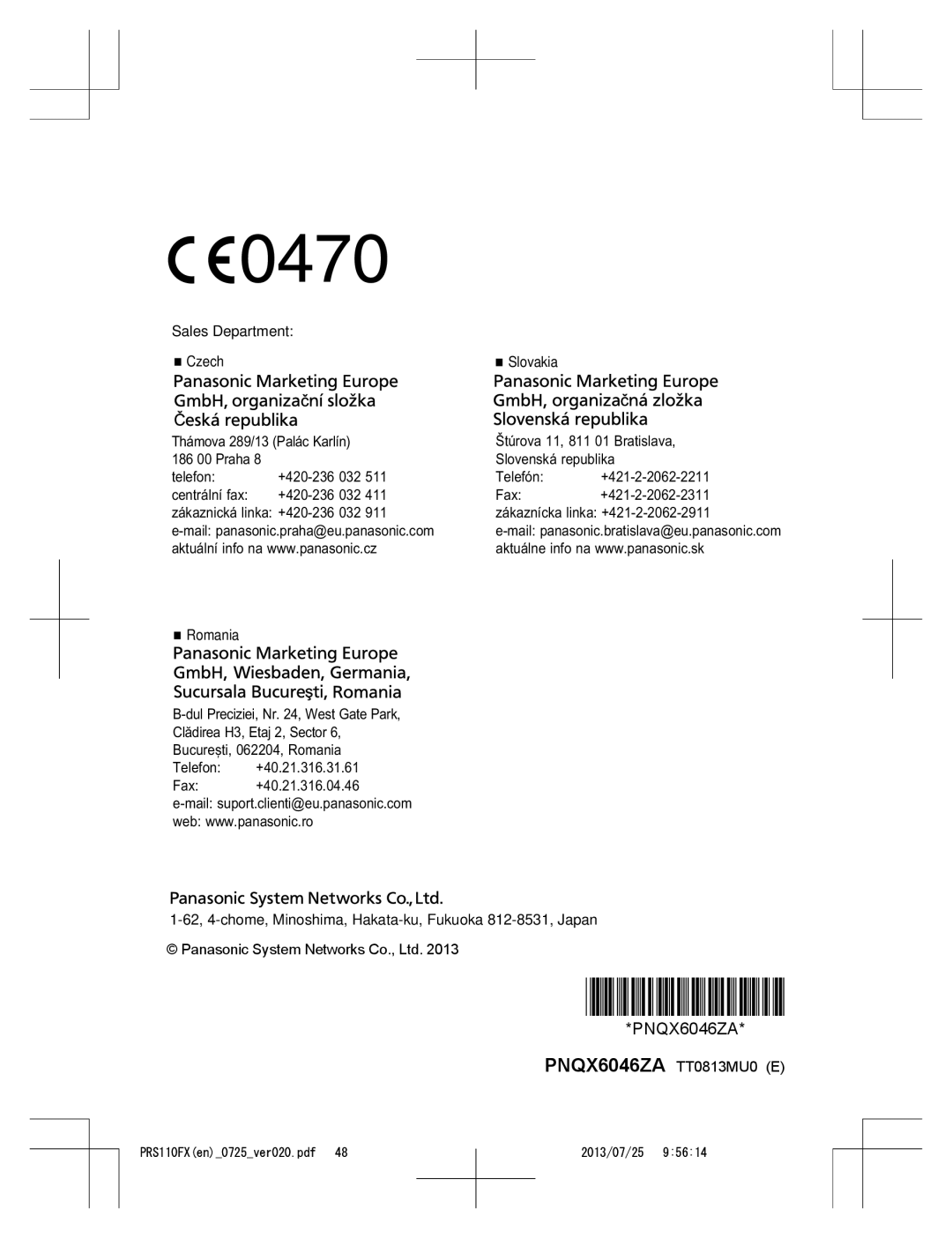 Panasonic KRS-PRS110FX operating instructions Sales Department Czech Slovakia, Romania 