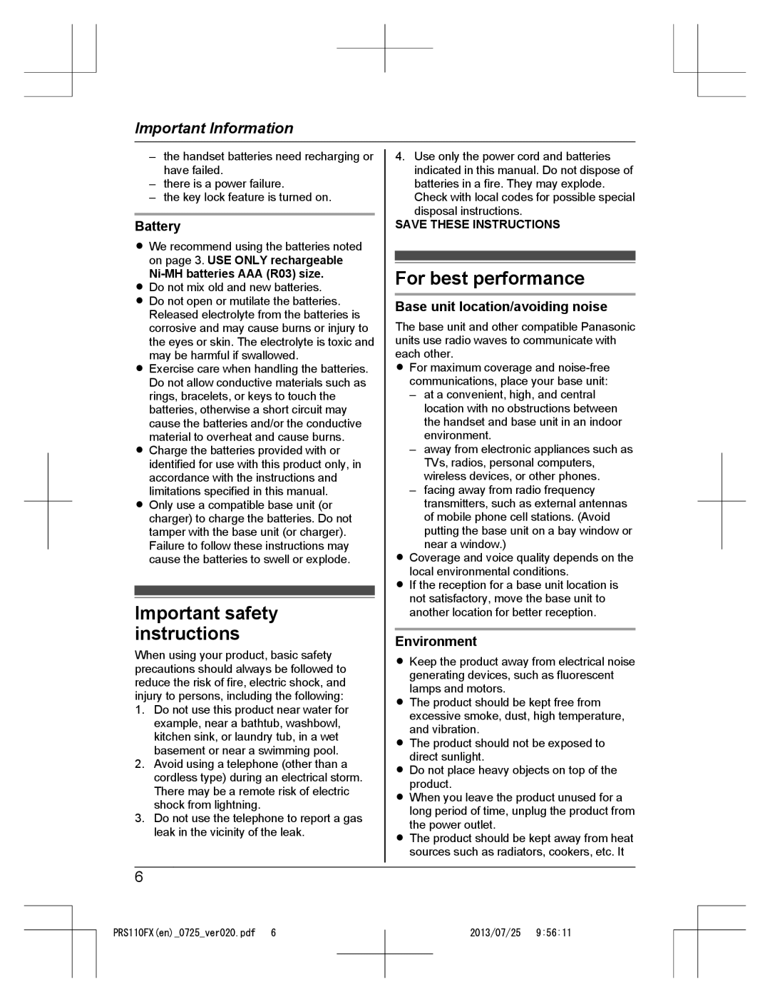 Panasonic KRS-PRS110FX Important safety instructions, For best performance, Battery, Base unit location/avoiding noise 