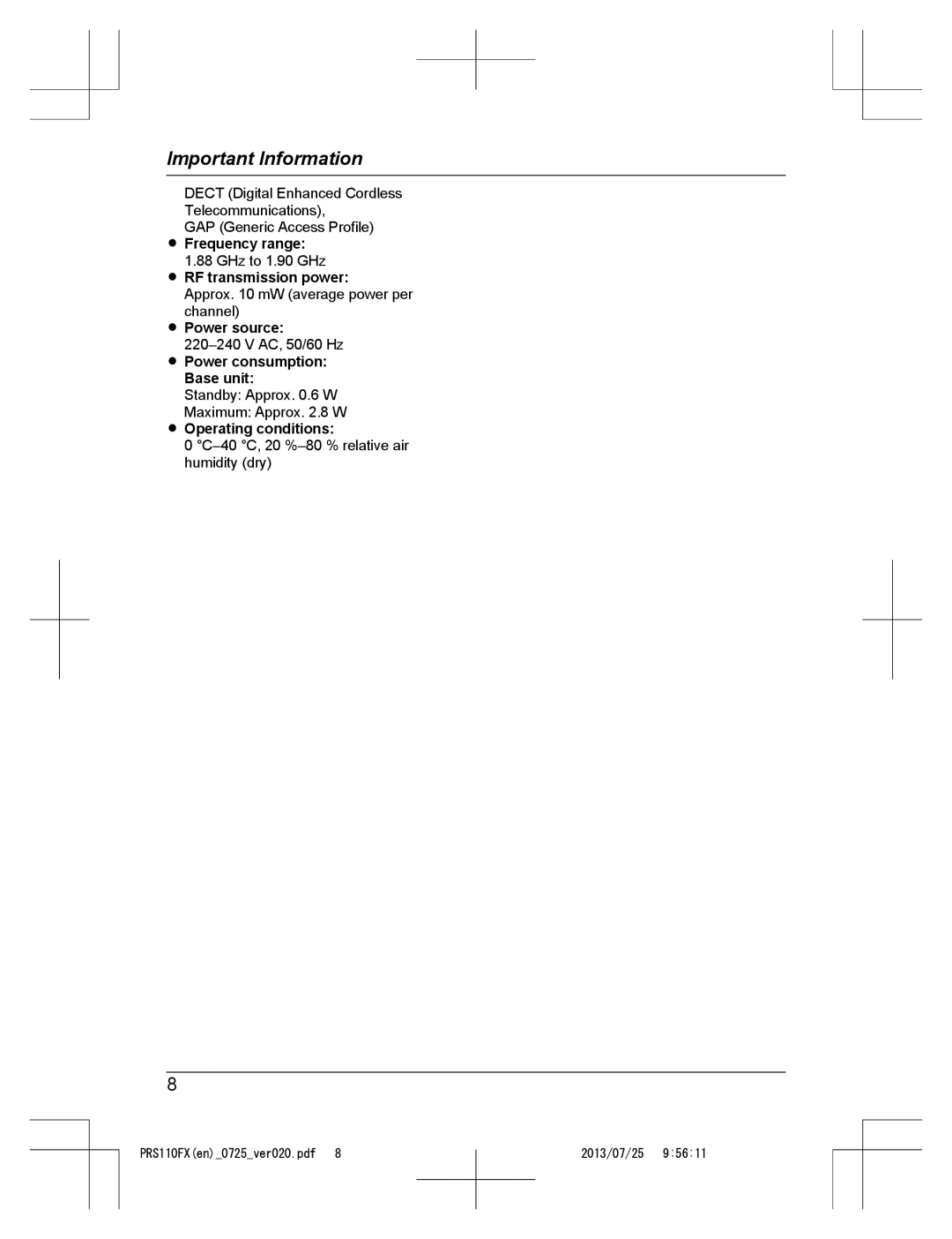 Panasonic KRS-PRS110FX operating instructions Frequency range, RF transmission power, Operating conditions 