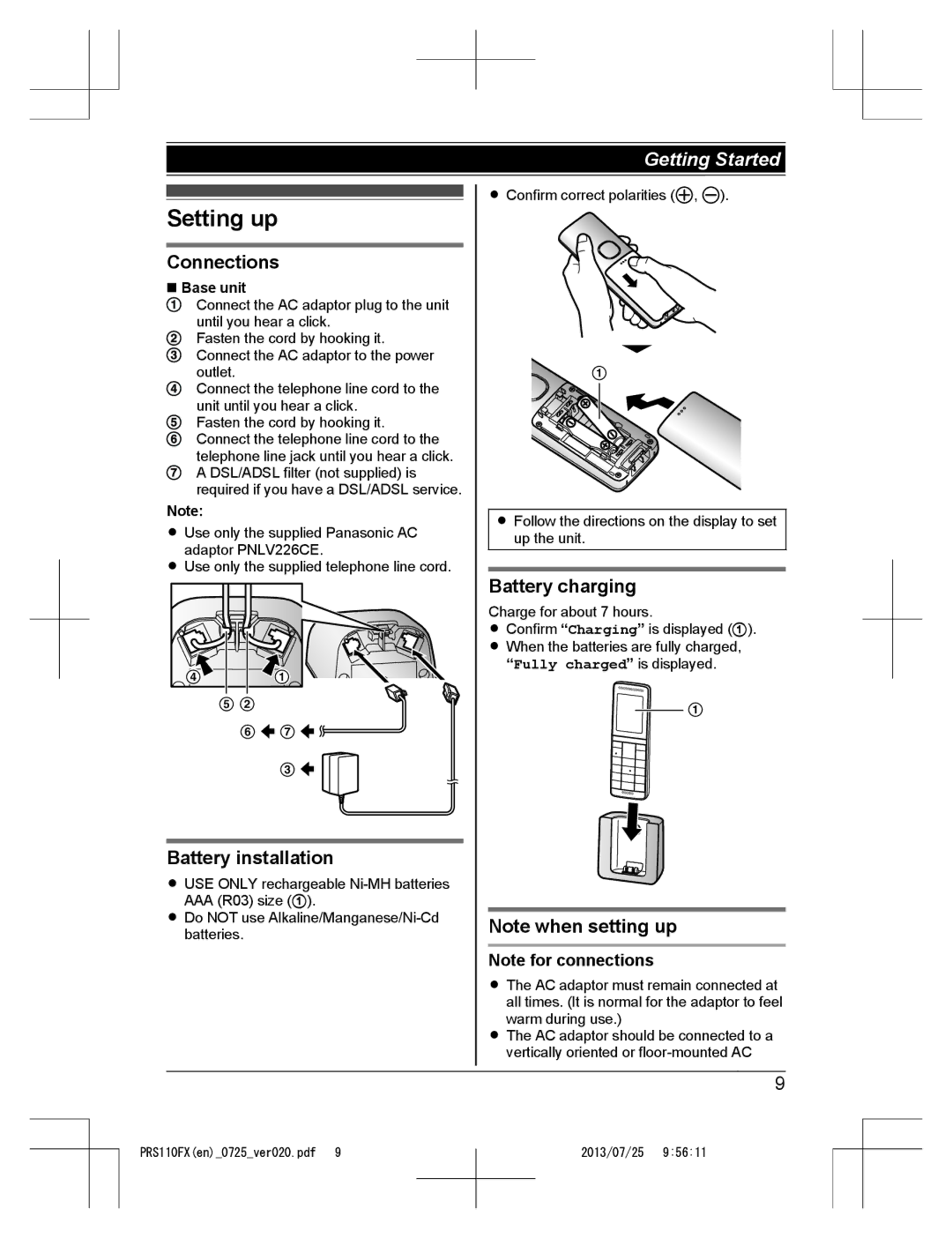 Panasonic KRS-PRS110FX operating instructions Setting up, Connections, Battery installation, Battery charging, Base unit 