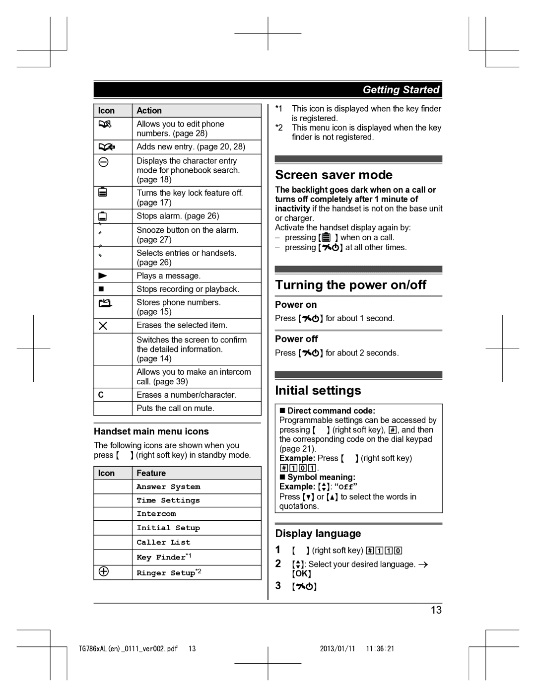 Panasonic KT-TG7861AL Screen saver mode, Turning the power on/off, Initial settings, Display language 