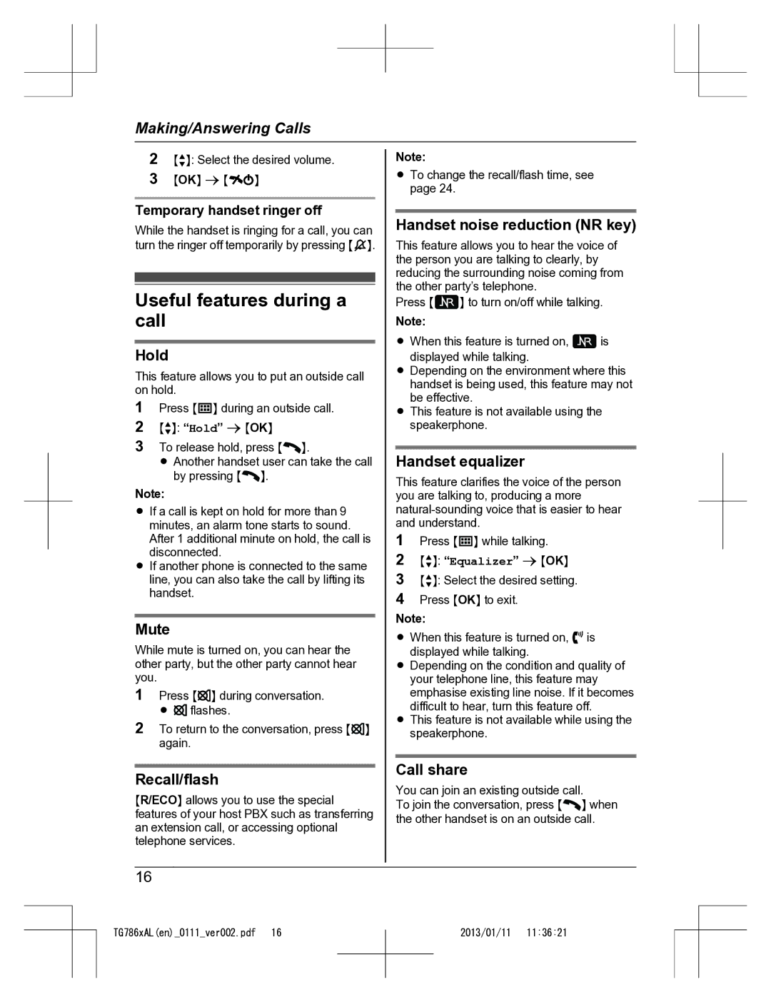 Panasonic KT-TG7861AL operating instructions Useful features during a call 