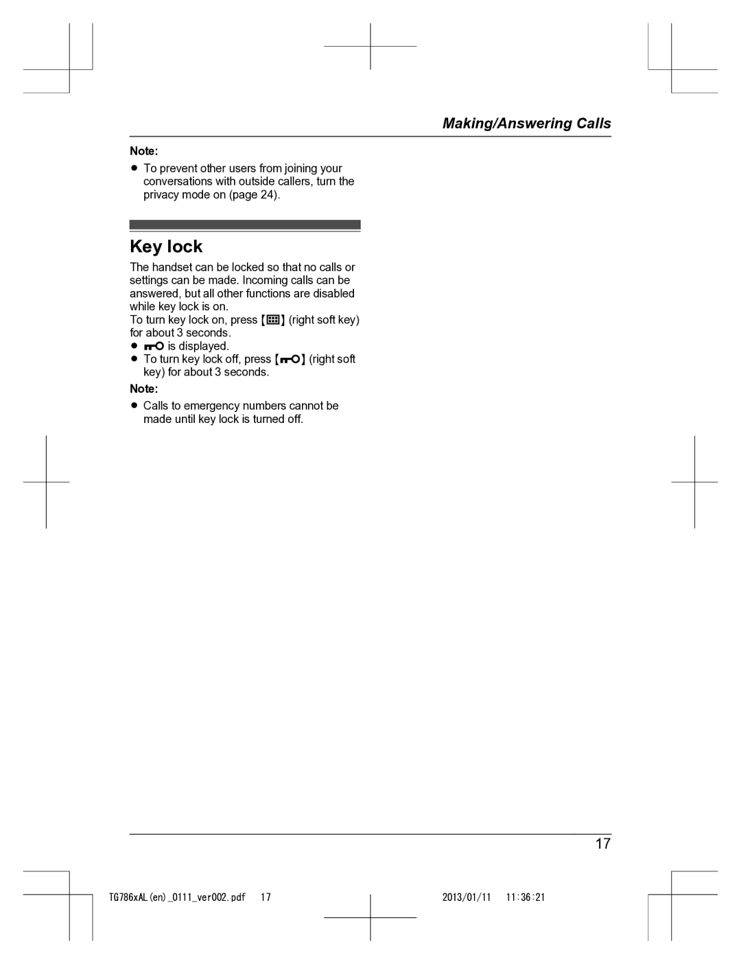 Panasonic KT-TG7861AL operating instructions Key lock 